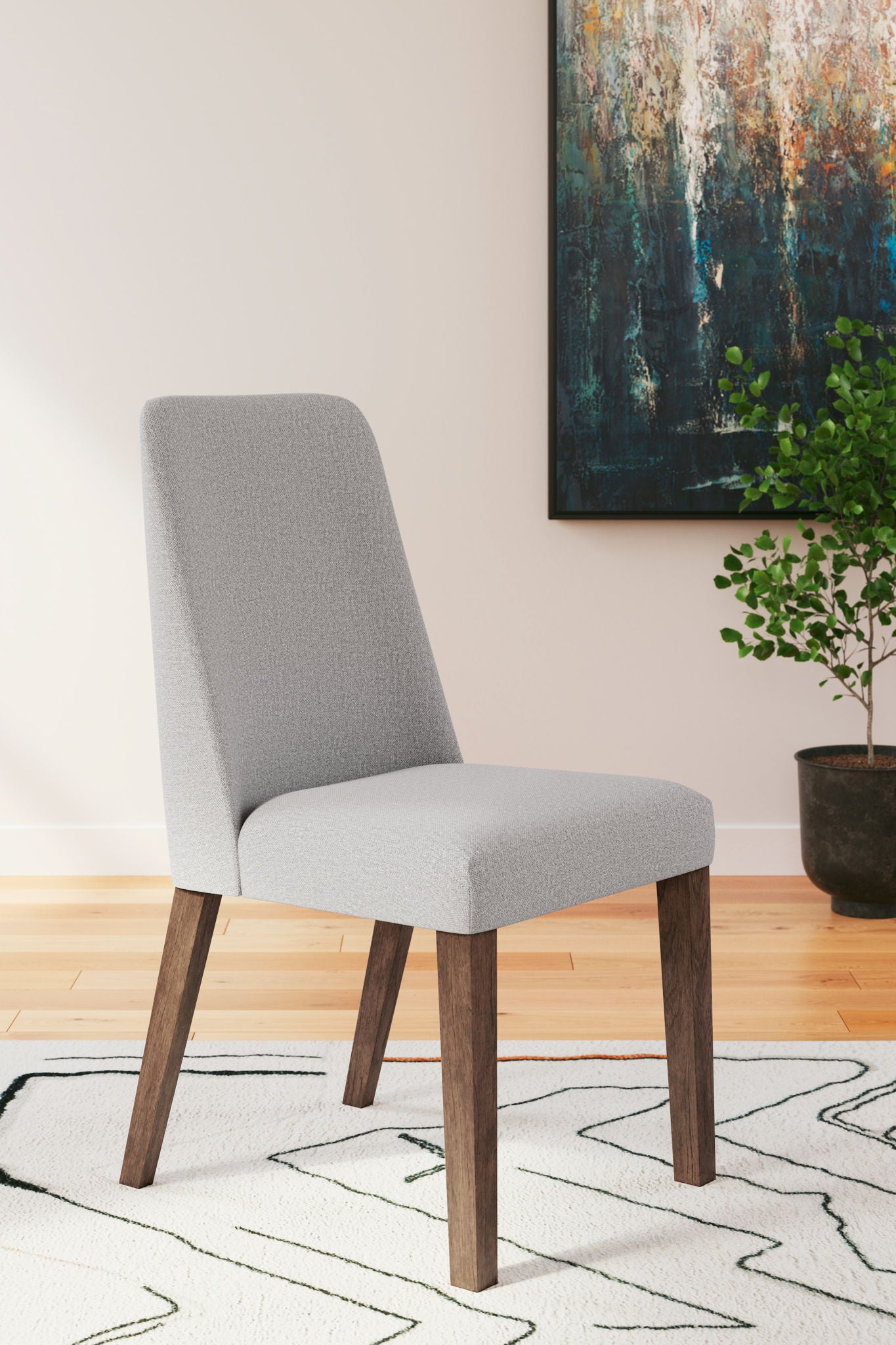 Light gray upholstered dining side chair with tall backrest and wooden legs