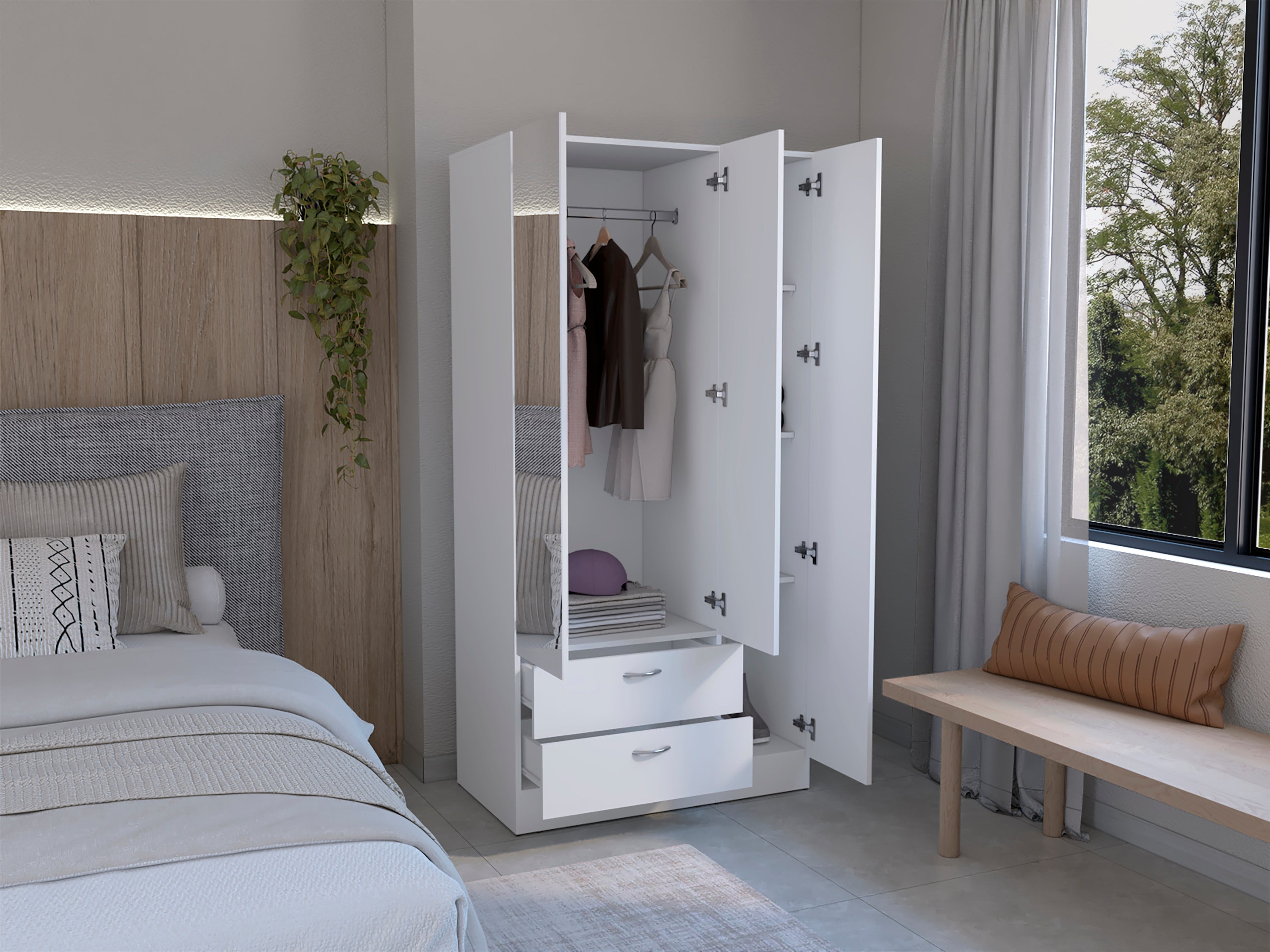 White 3-Door Wardrobe: Mirror, Drawers, Shelves & Hanging Bar
