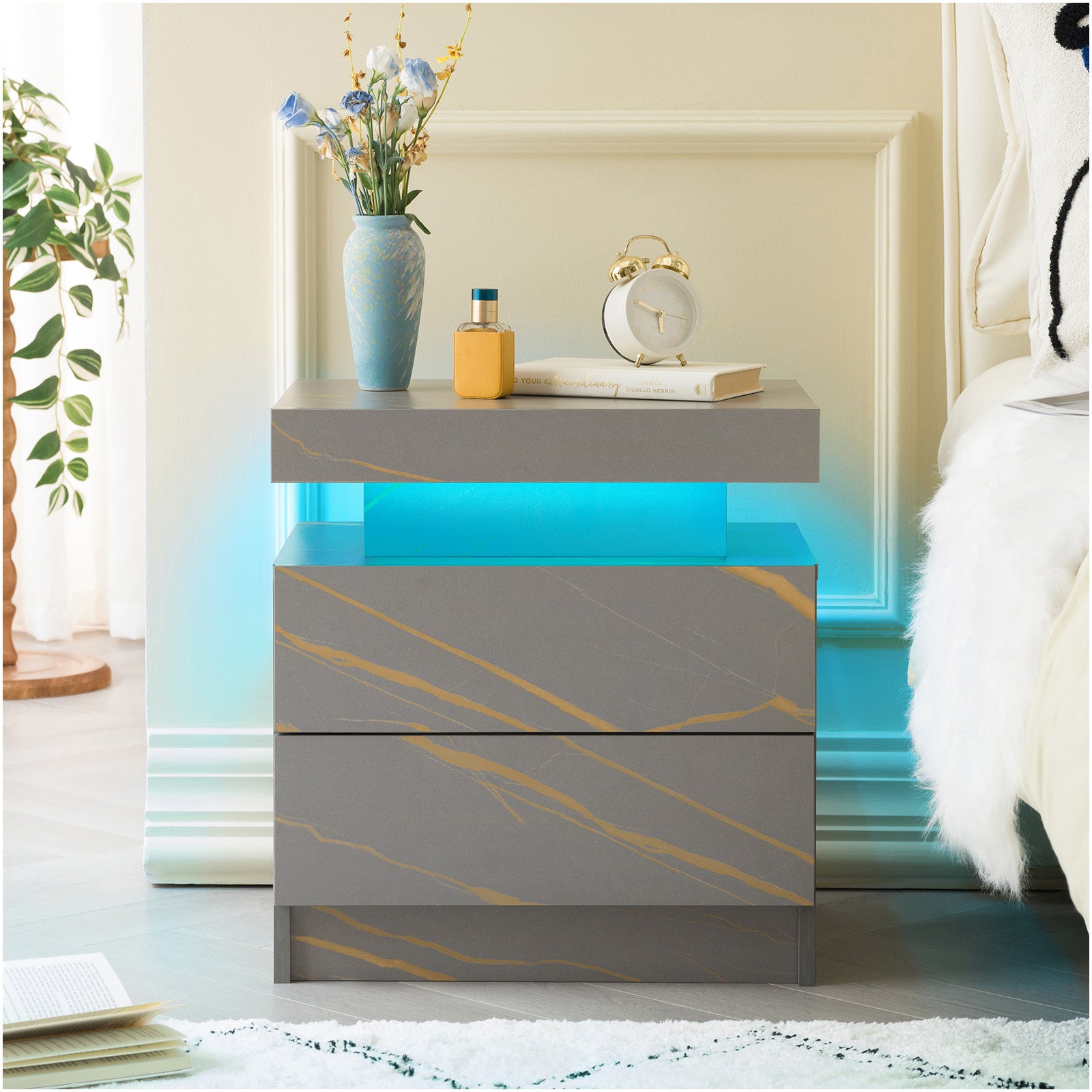 Modern Grey Gold LED Nightstand: 2-Drawer Bedside Table for Bedroom