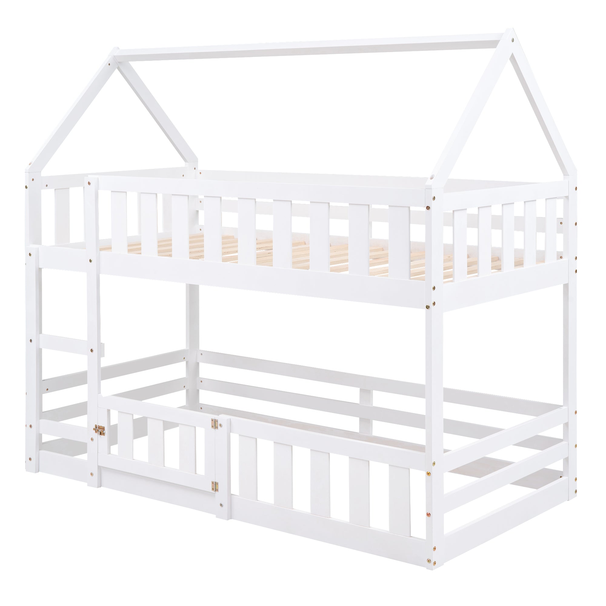 Belyndah Twin Over Twin House Bunk Bed with Fence & Door - White