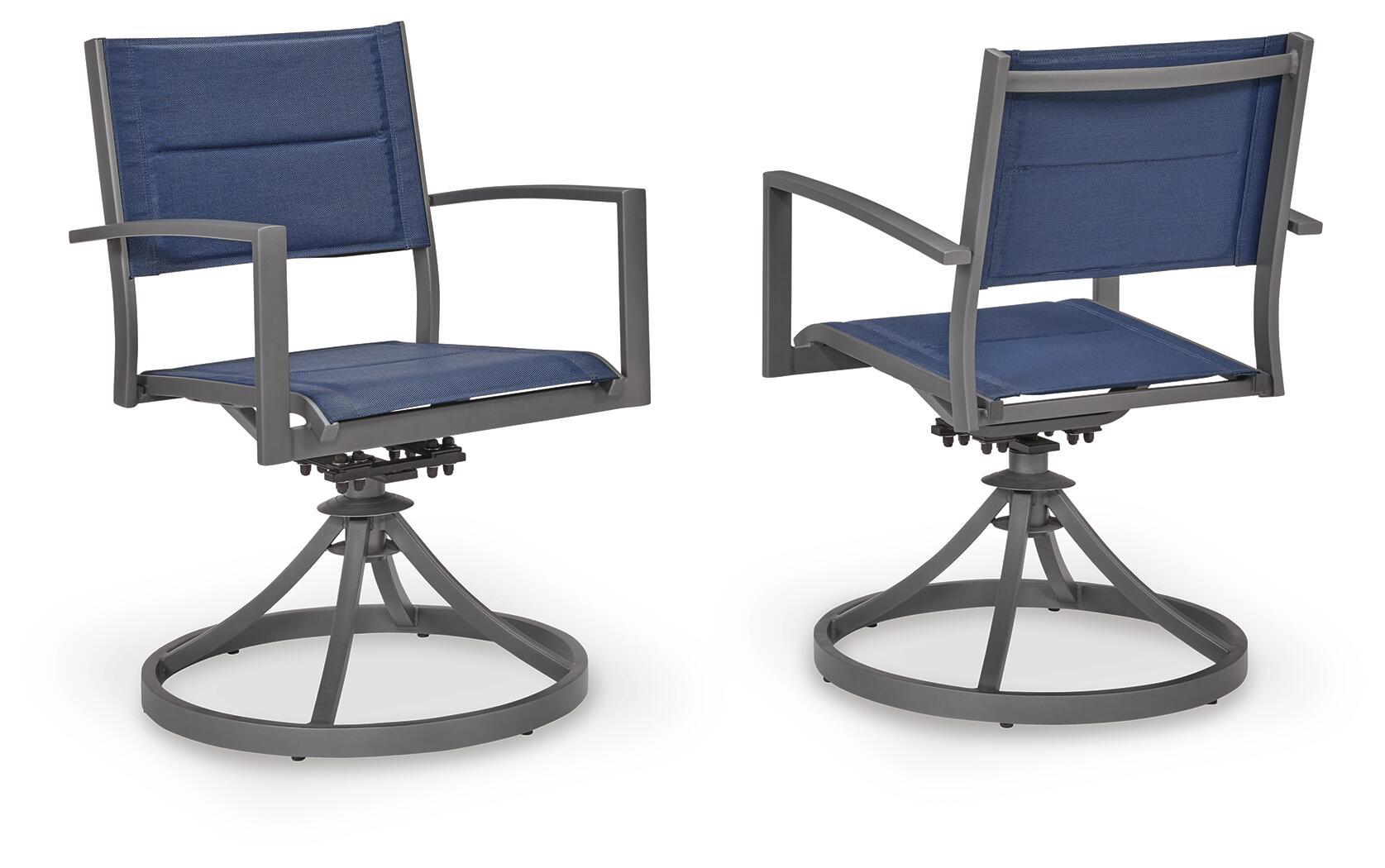 Set of 2 blue sling swivel chairs, gray swivel bases and armrests
