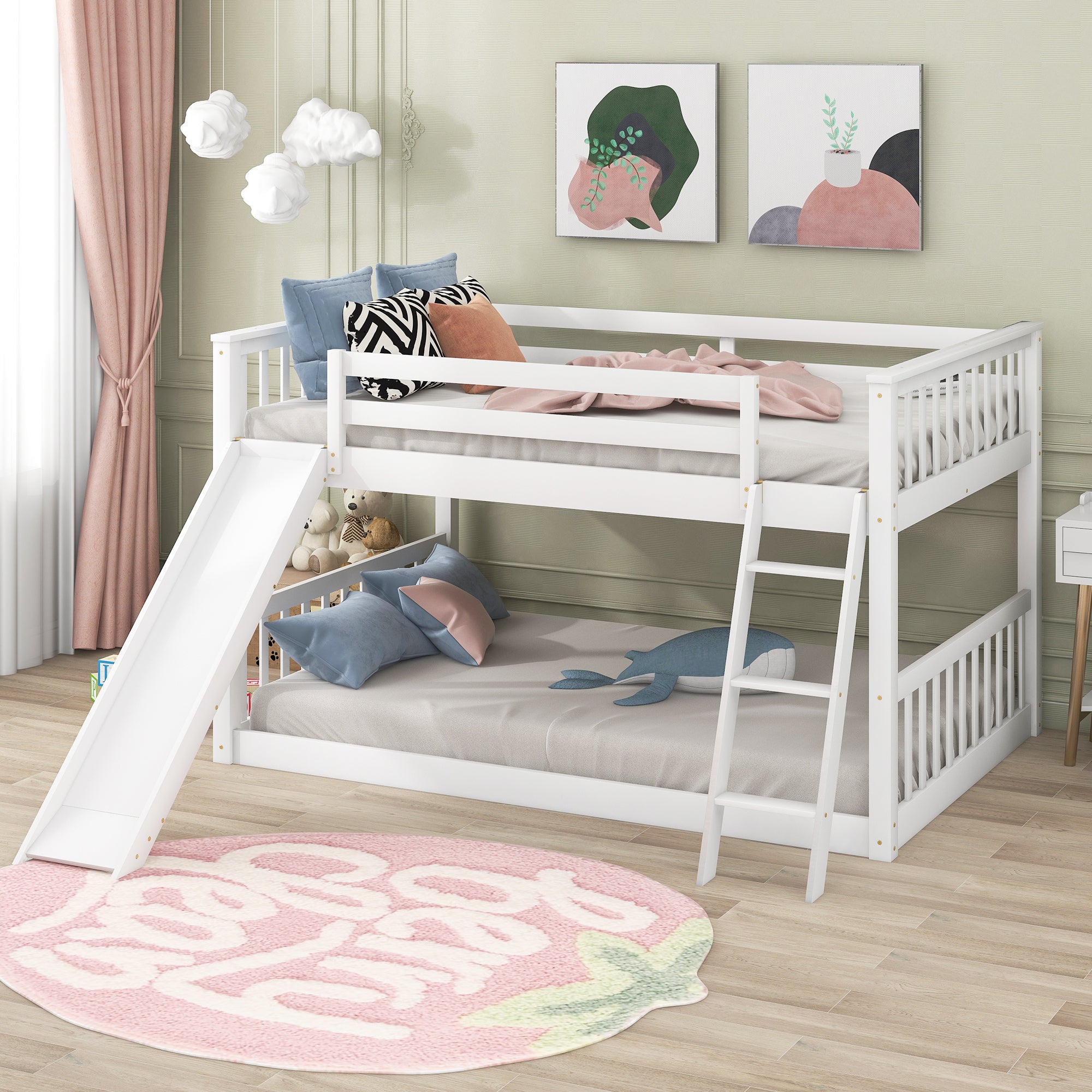 White Full over Full Bunk Bed with Convertible Slide & Ladder