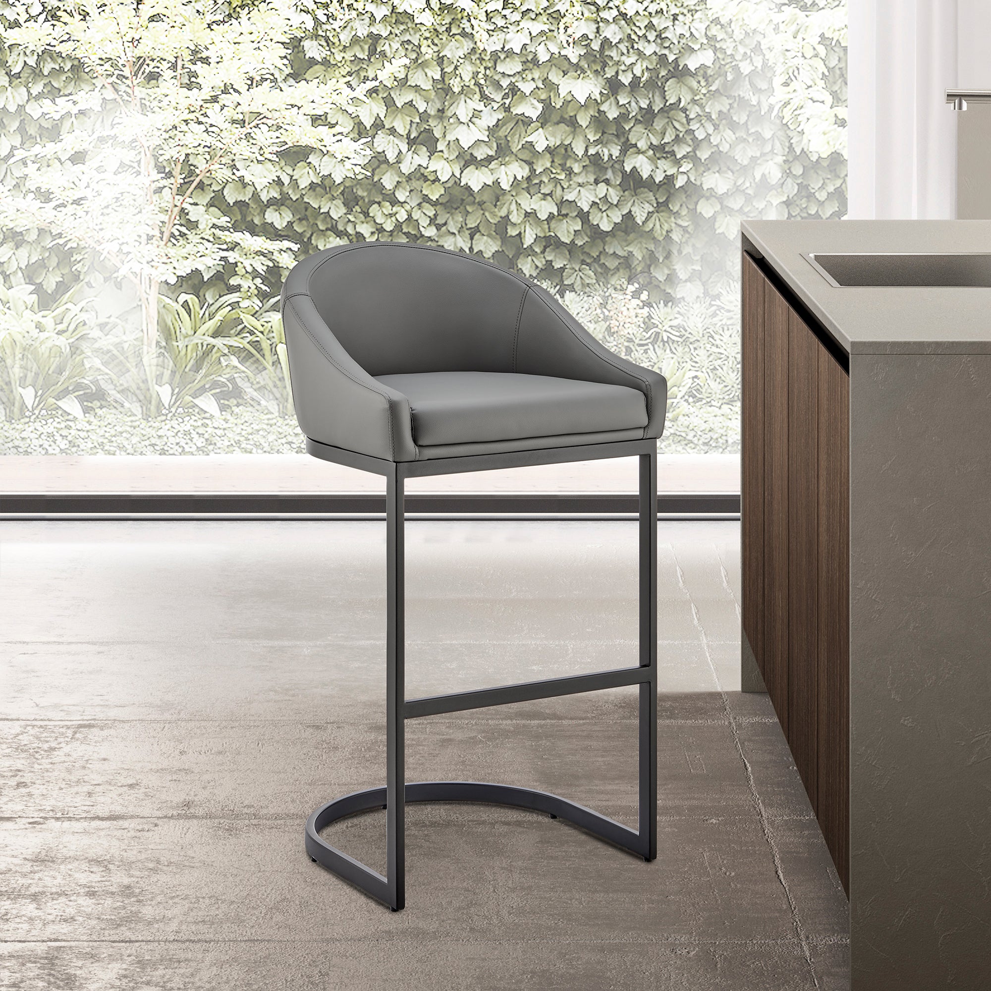Modern Zevrin Bar Stool - Black Metal, Gray Faux Leather