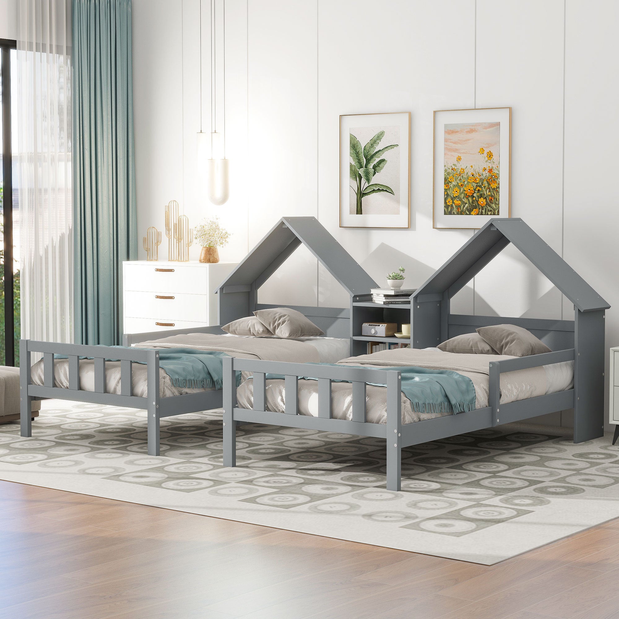 Grey Double Twin Platform Bed with House Headboard & Nightstand