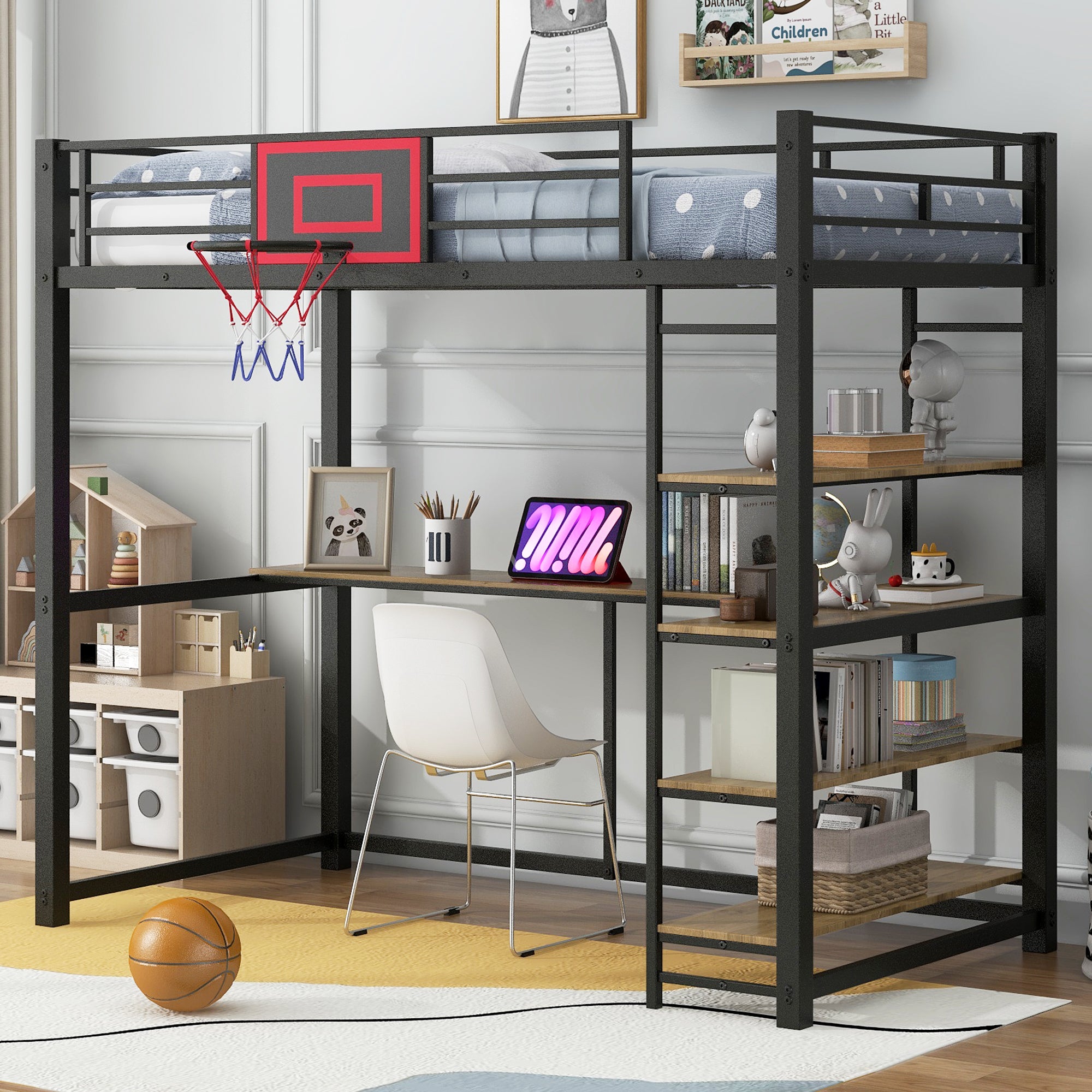 Twin Metal Loft Bed with Desk, Shelves & Basketball Hoop - Black