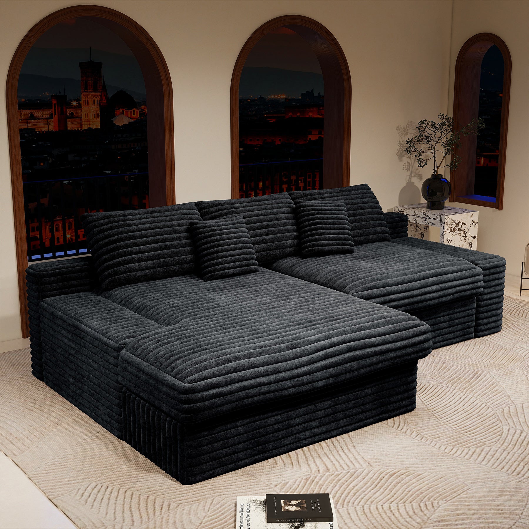 Plush Black Corduroy Modular Sectional Sofa No Assembly