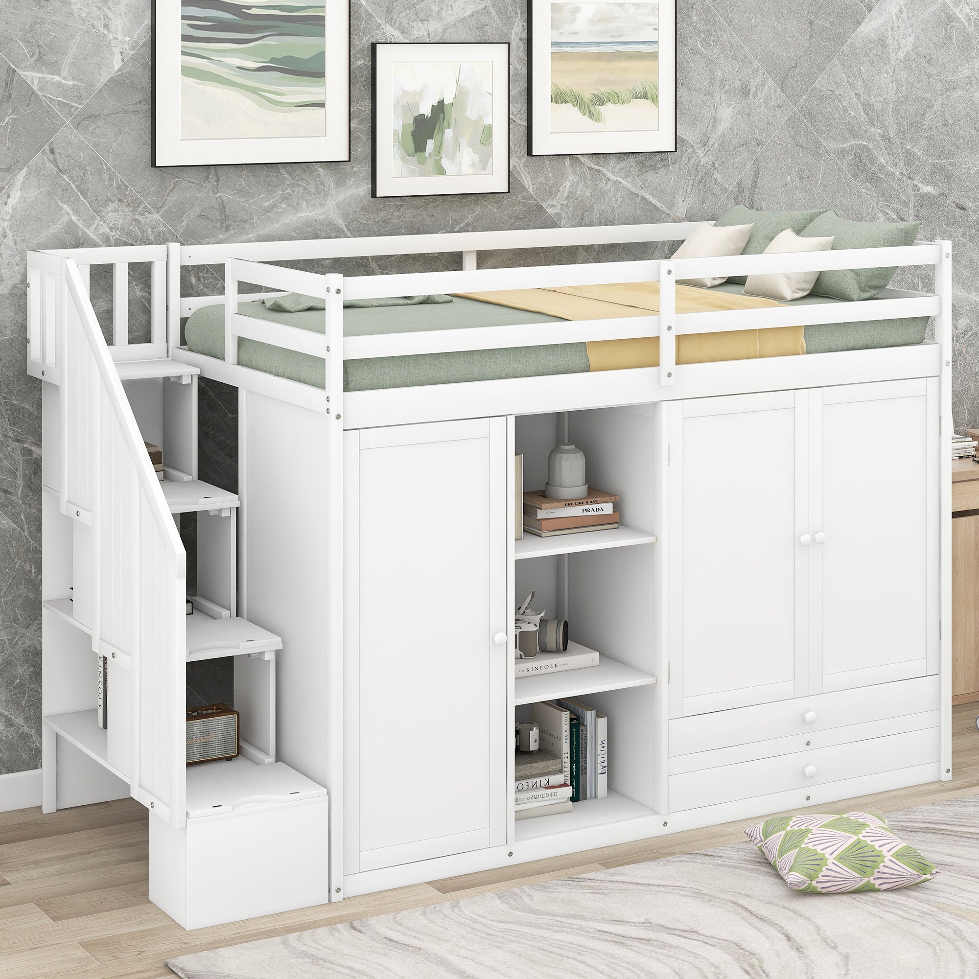 White Functional Loft Bed: Shelves, Wardrobes, Drawers, Storage Ladder