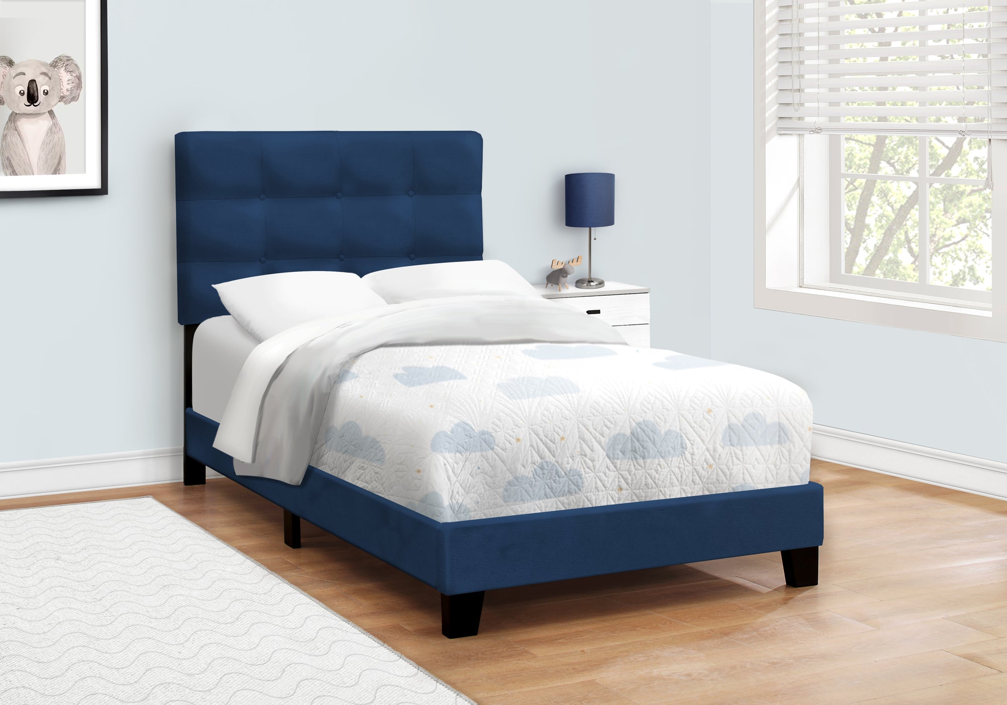 Blue Velvet Twin Upholstered Bed Frame - Transitional Youth Bedroom