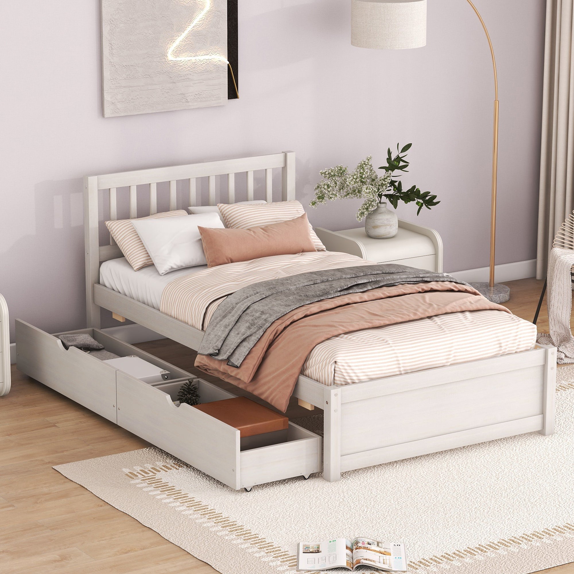 Modern Wooden Twin Platform Bed with 2 Drawers, White Washed