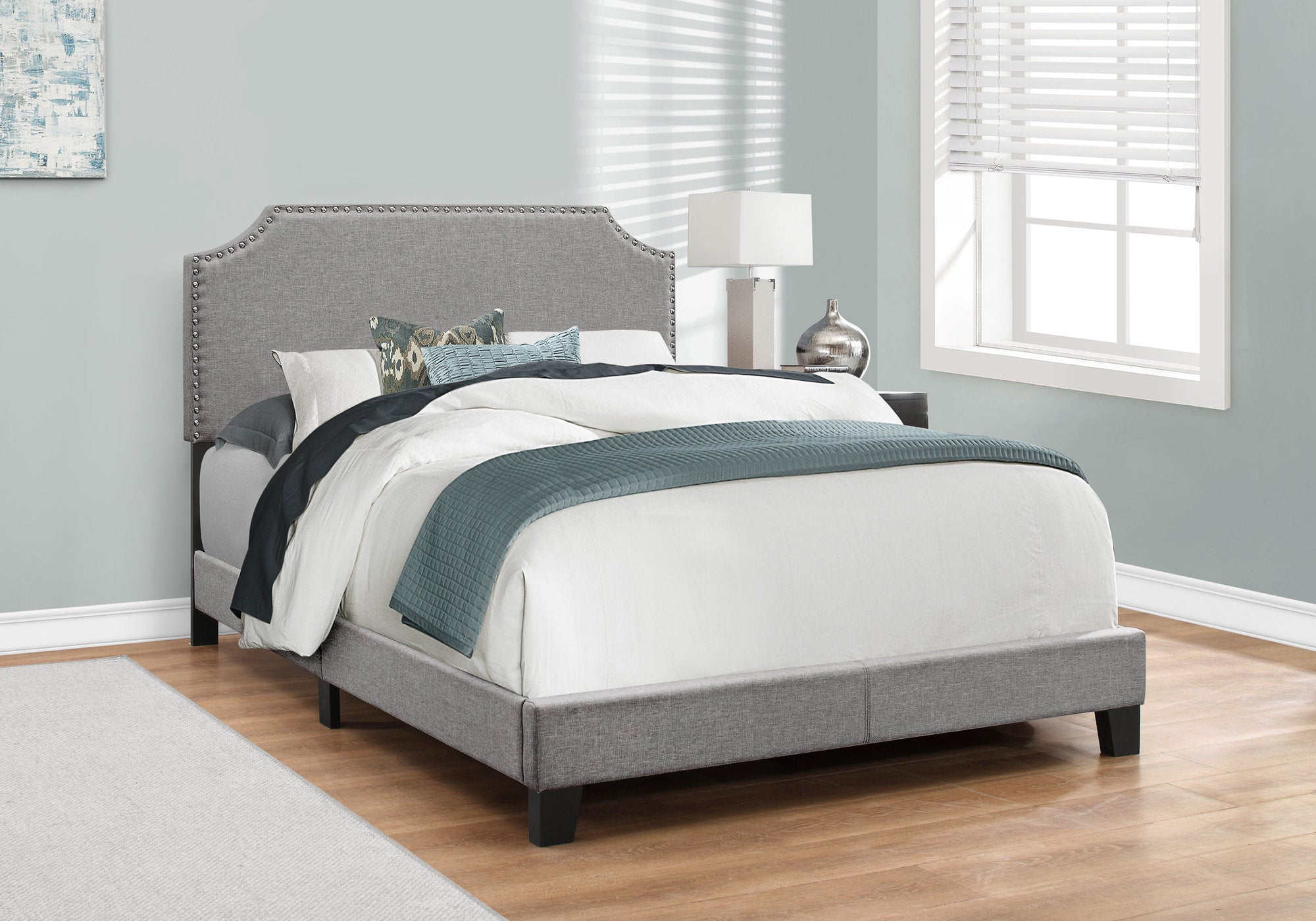 Transitional Grey Linen Full Upholstered Bed with Chrome Trim