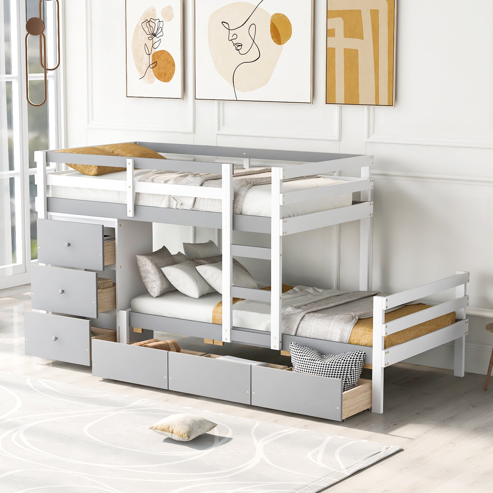 Gray Twin Over Twin Loft Bunk Bed with Drawers & Ladder for Kids