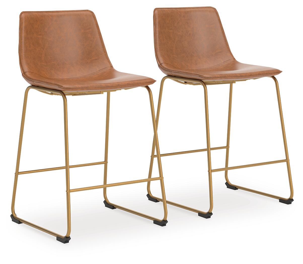 Set of 2 light brown upholstered barstools with curved backs and gold metal legs