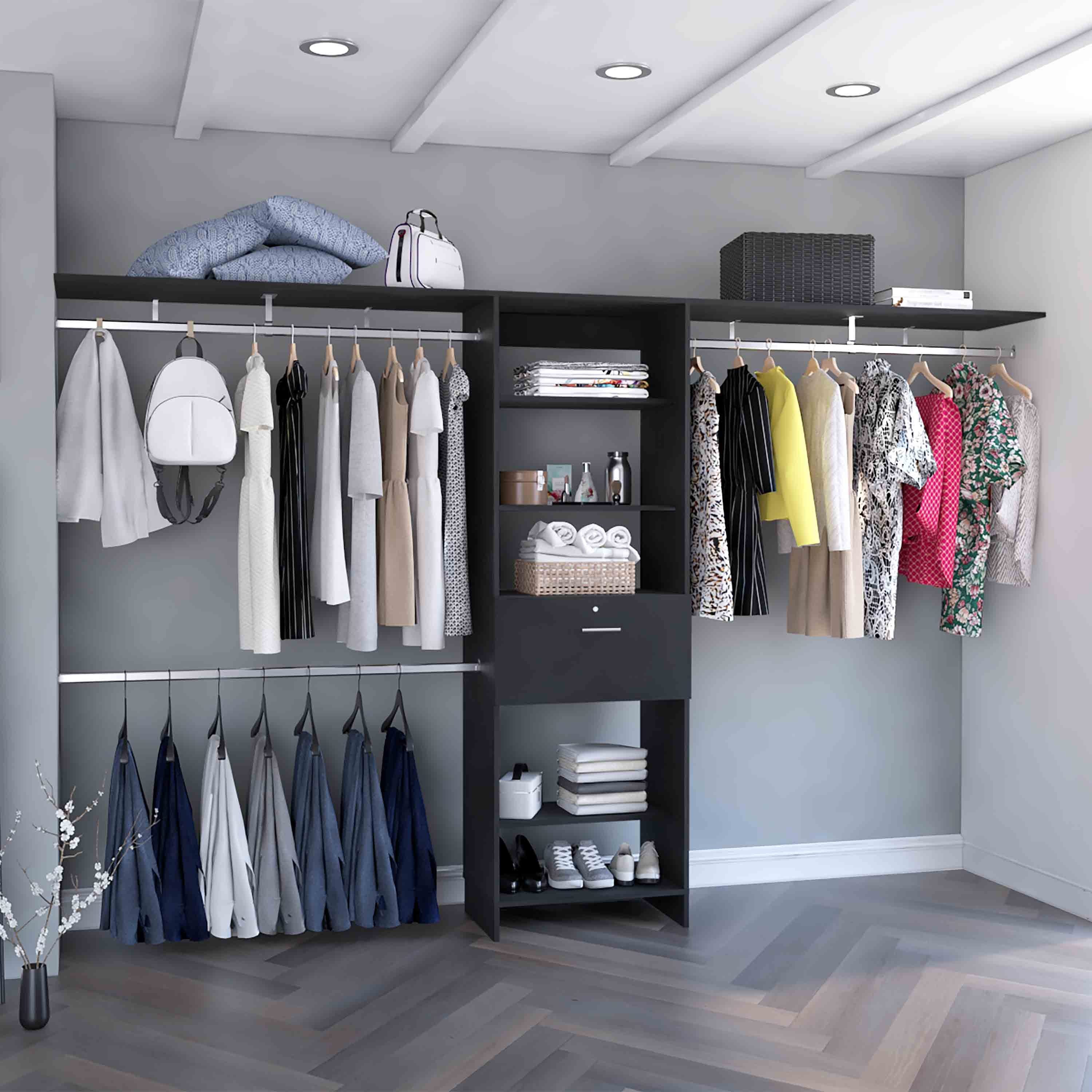 Plego Black Closet System: Drawers, Rods, Shelves (70-118"W)