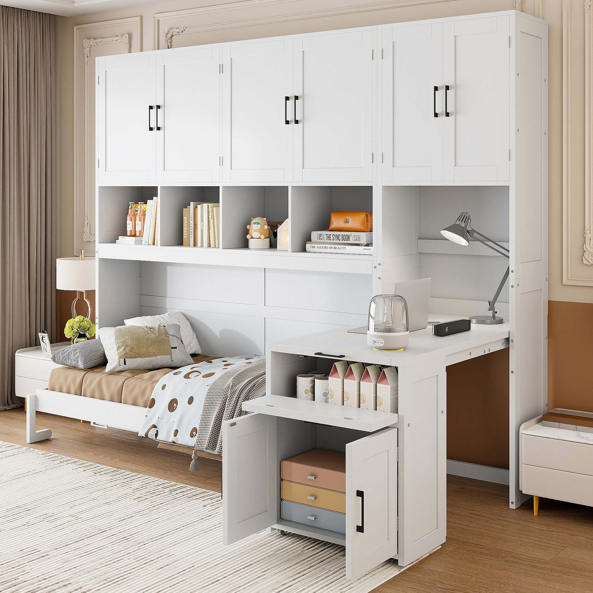 Twin Murphy Wall Bed: Closet, Drawers & Desk - White