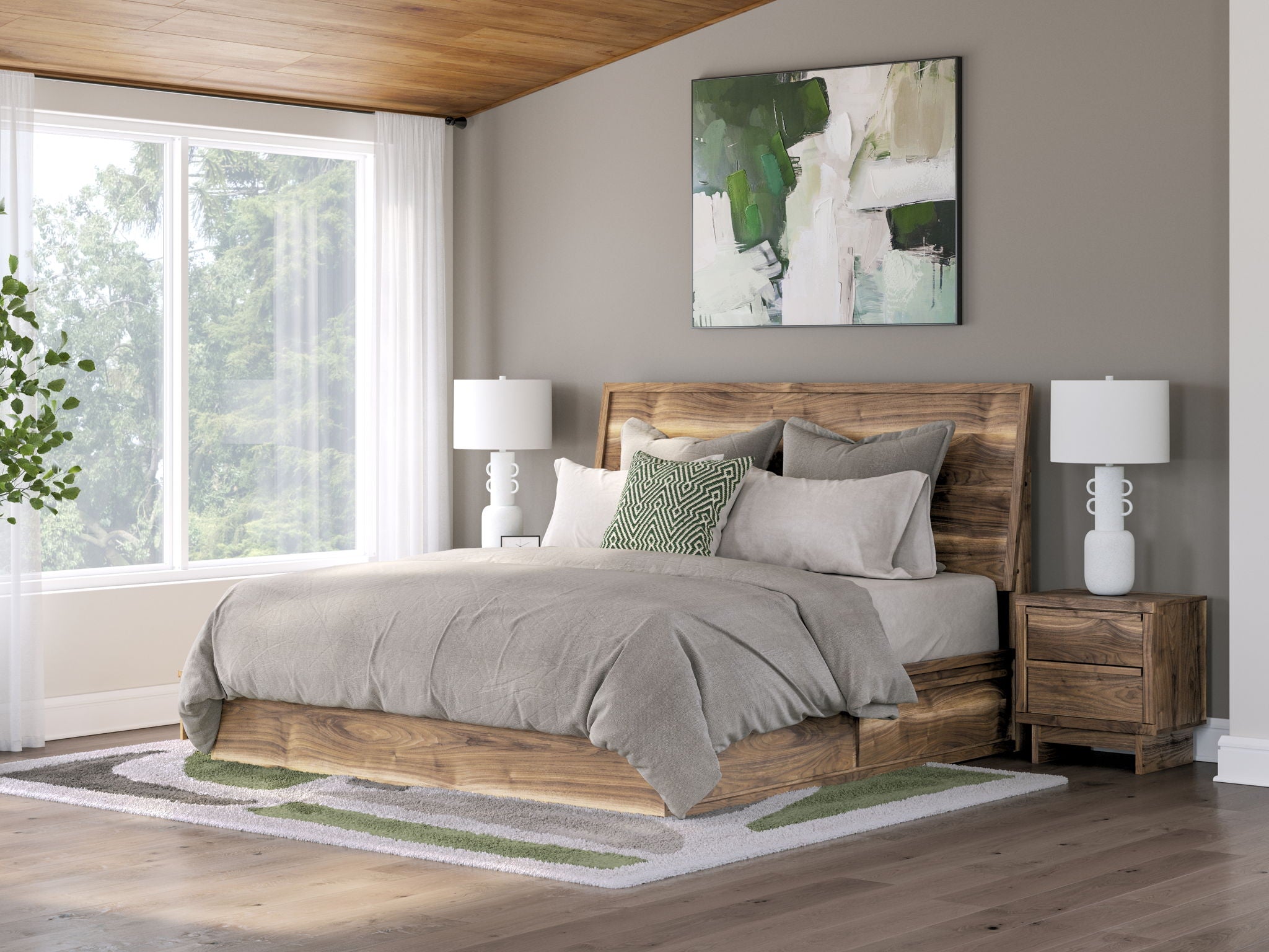 Dark brown wood panel bed with storage drawers in a modern bedroom, white bedding