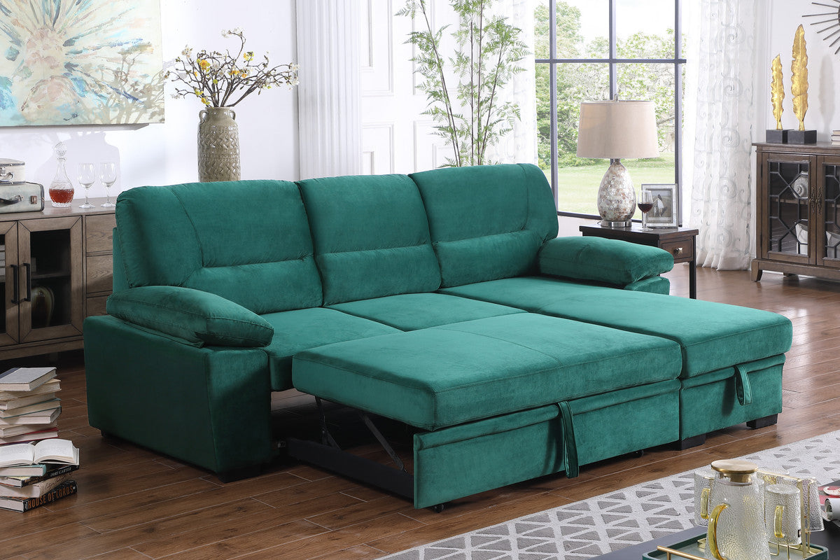 Kipling Green Velvet Reversible Sleeper Sectional Chaise