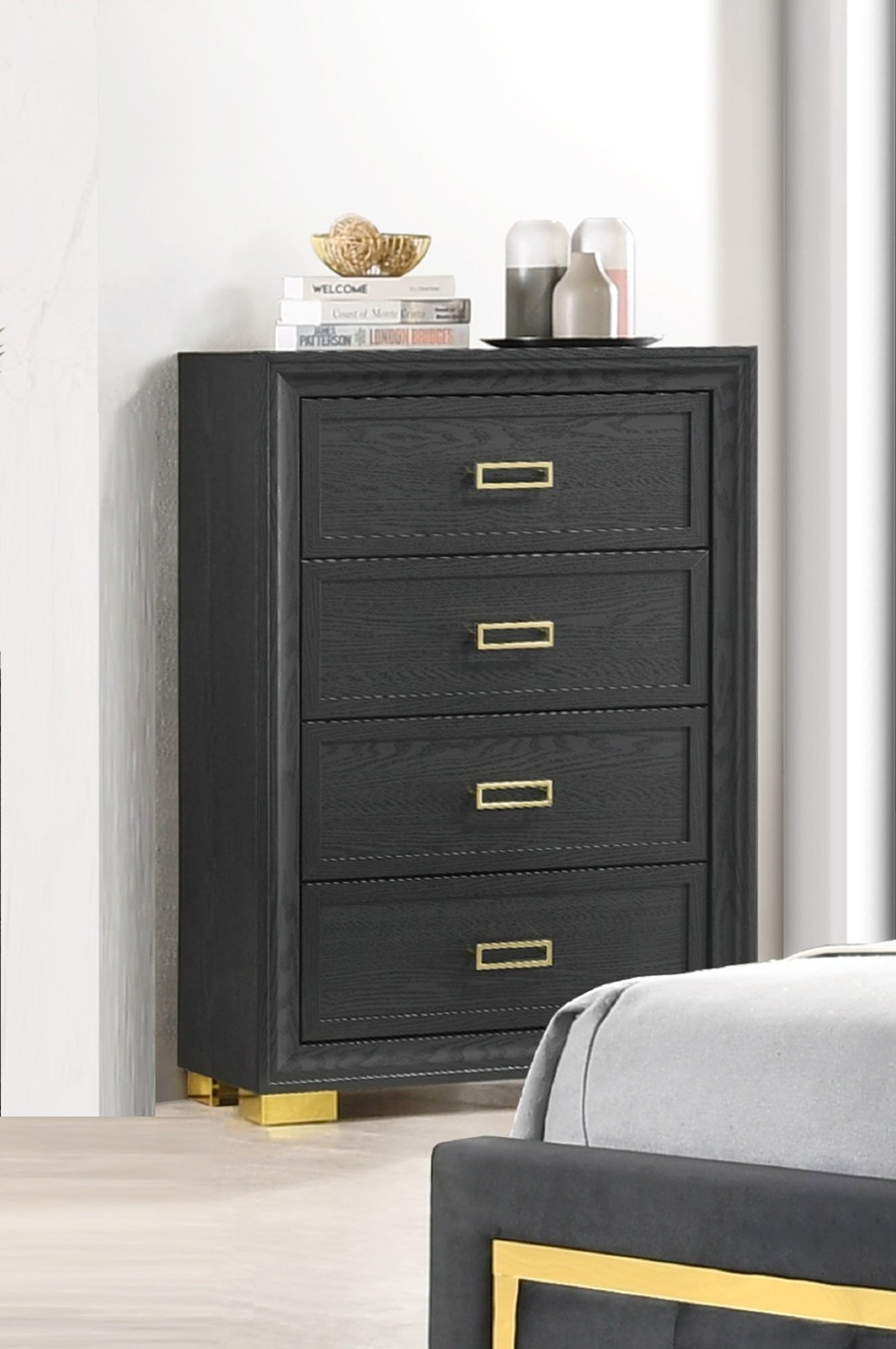 Glamorous Dark Gray Gold 4-Drawer Chest for Bedroom