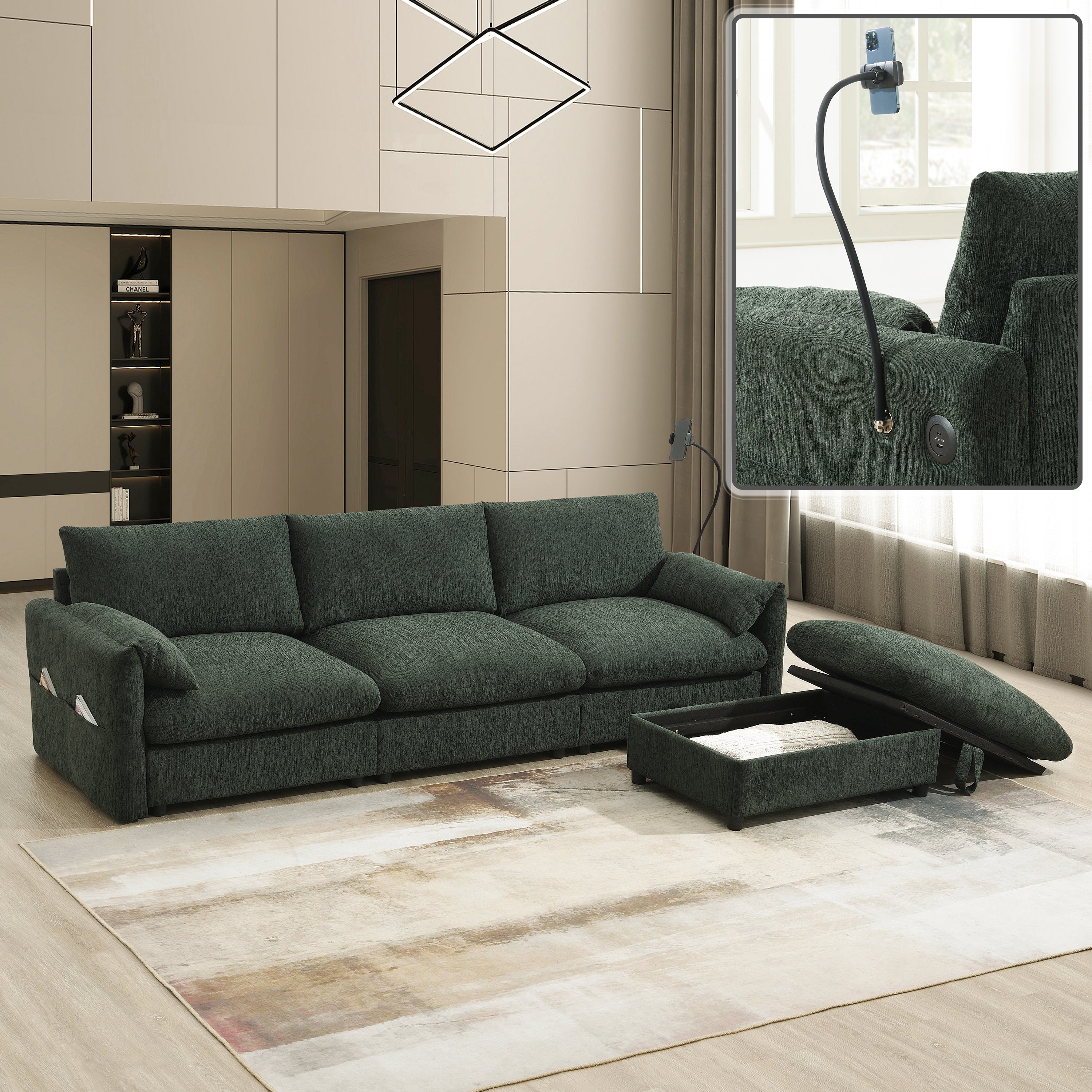 Chenille Sectional Sofa L-Shape | Storage, USB, Wide Seat
