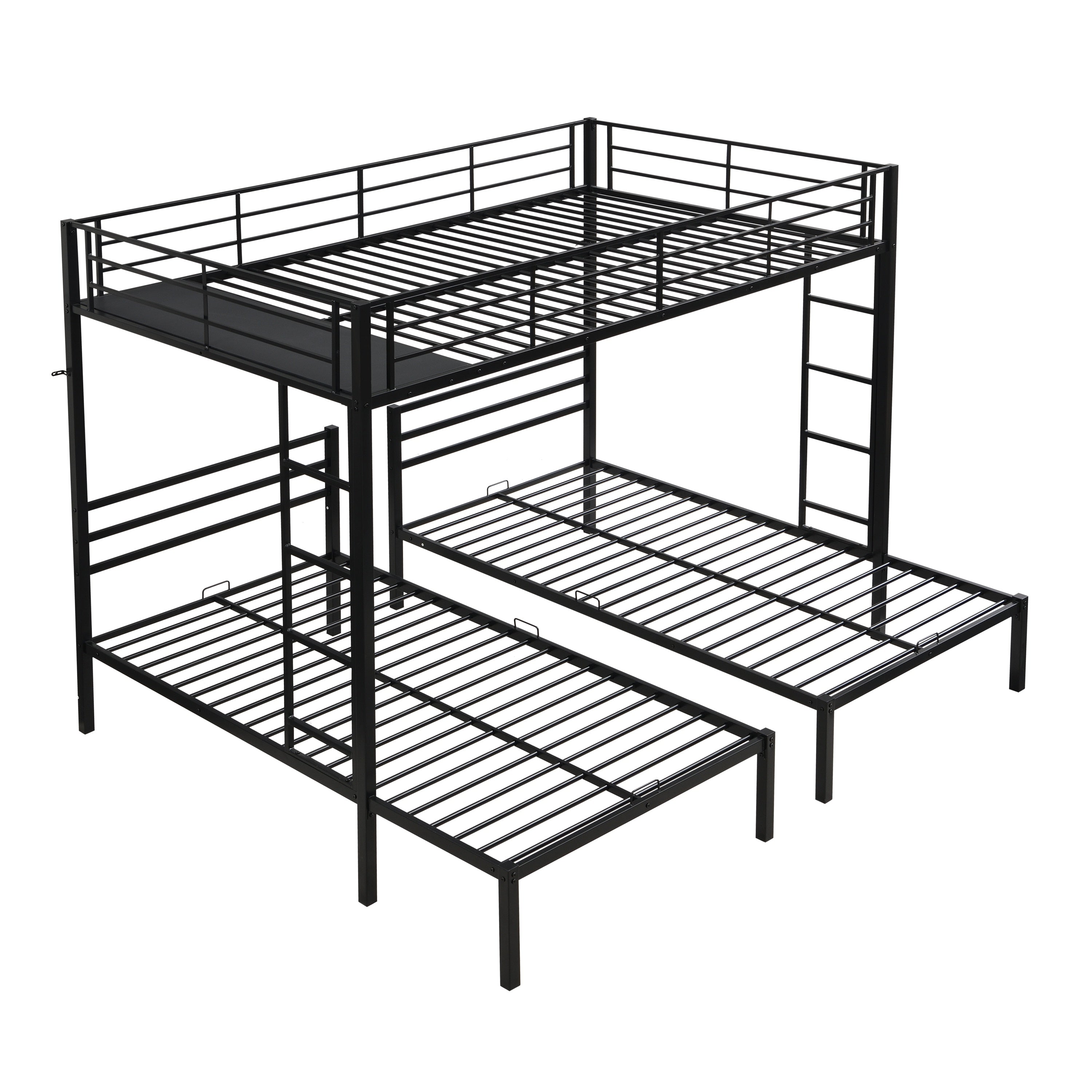 Black Modern Metal Triple Bunk Bed: Ladder, Rail, Storage Shelf