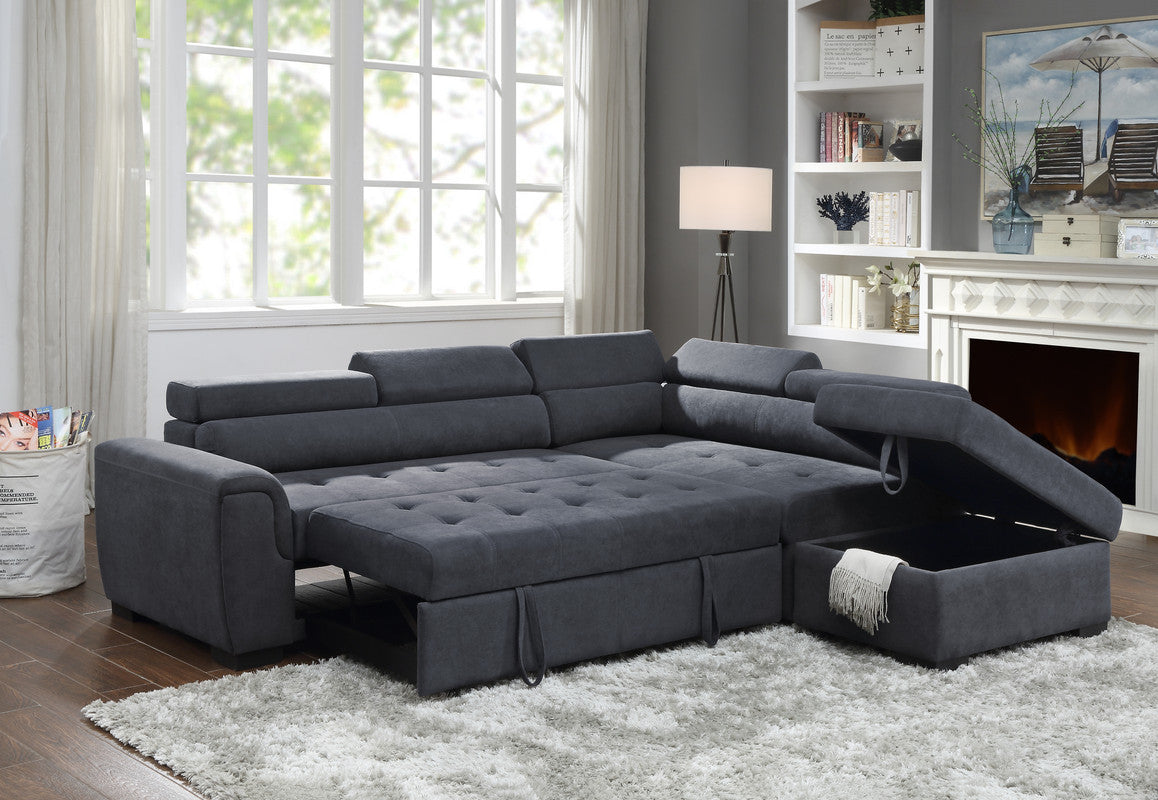 Haris Dark Gray Fabric Sleeper Sectional w/ Storage Ottoman
