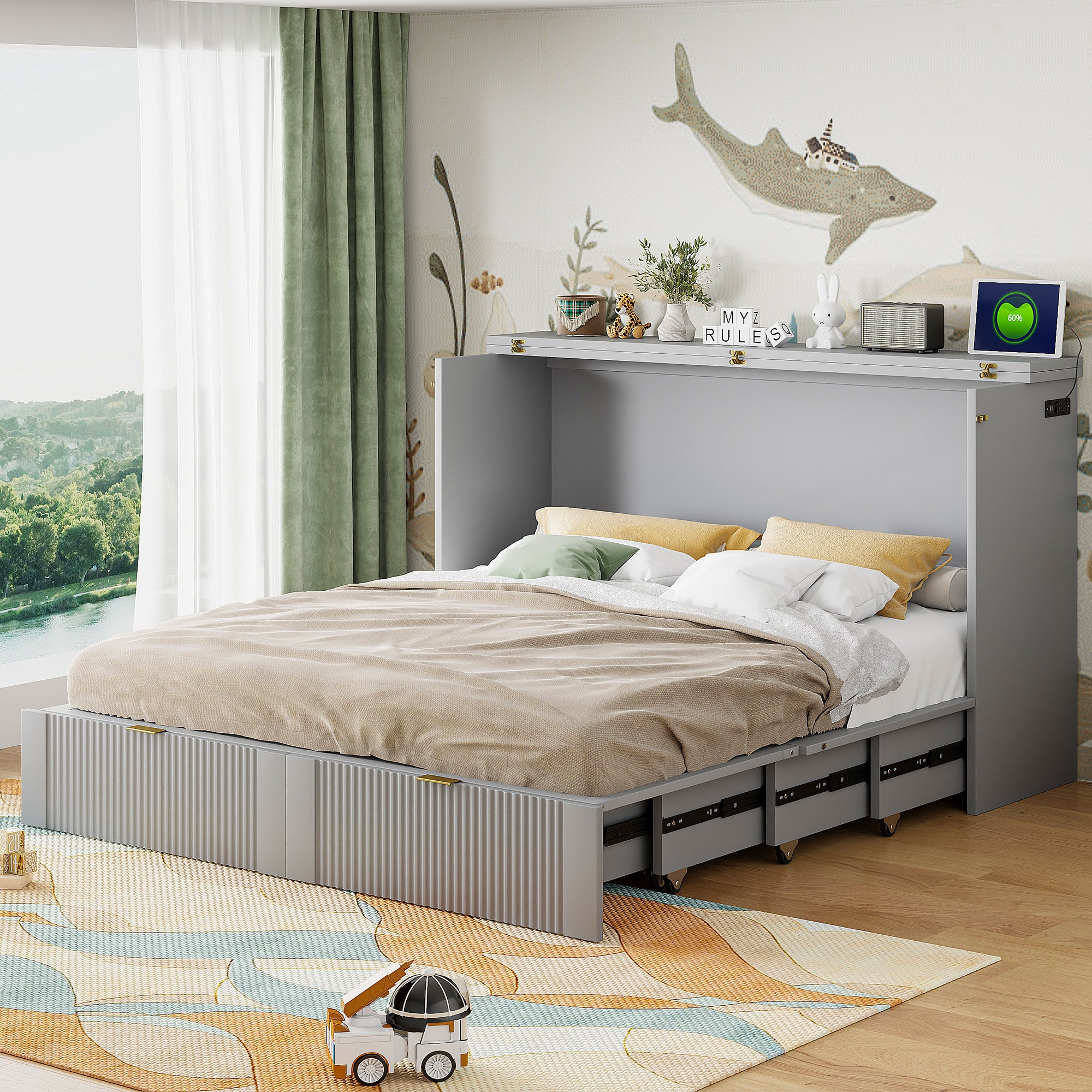 Space-Saving Gray Queen Murphy Bed w/ Drawer, USB, Sockets