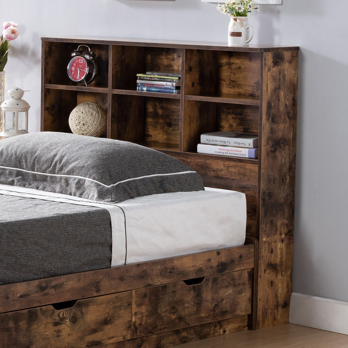 Distressed Wood Twin Bookcase Headboard with Shelves