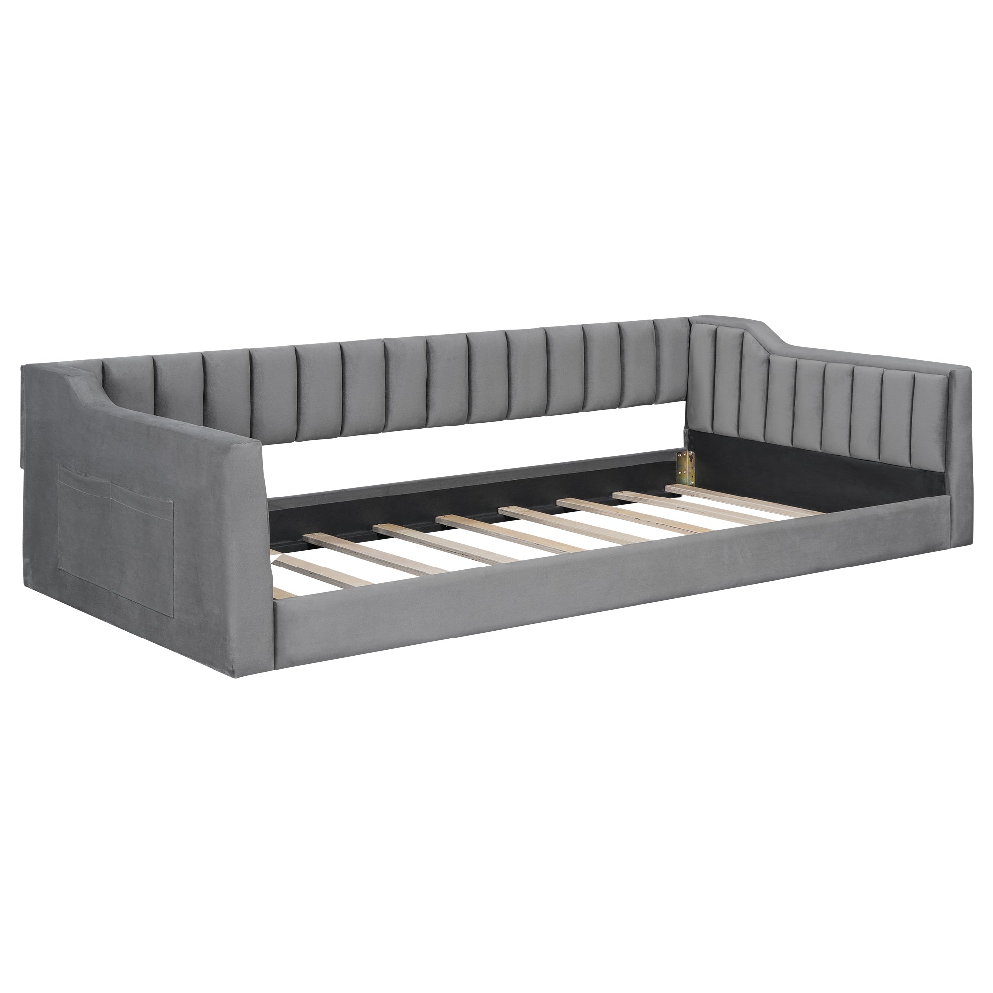 Twin XL Upholstered Daybed Gray Velvet Side Storage Pocket