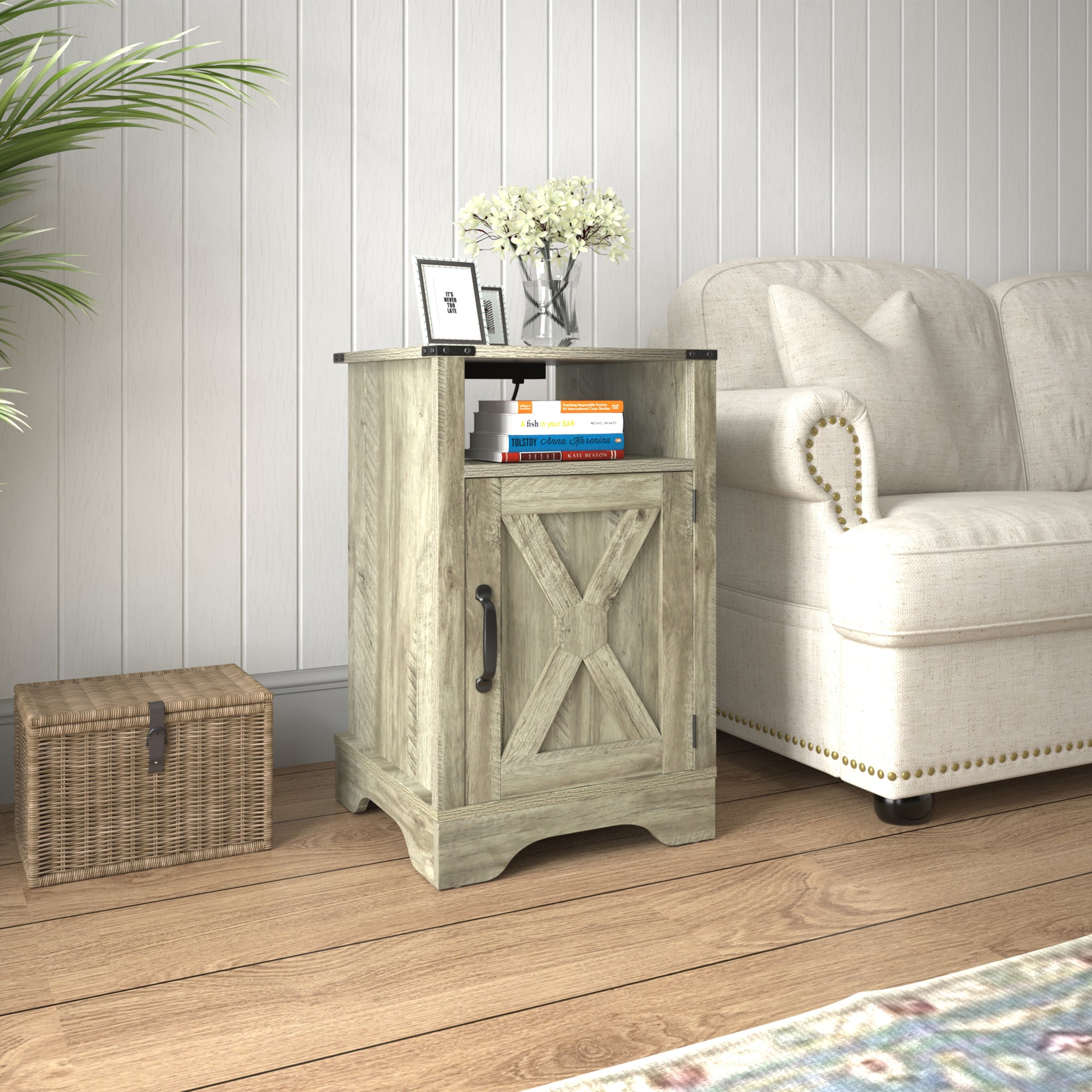 Farmhouse Rustic Nightstand Side Table with Charging Station - Light Grey