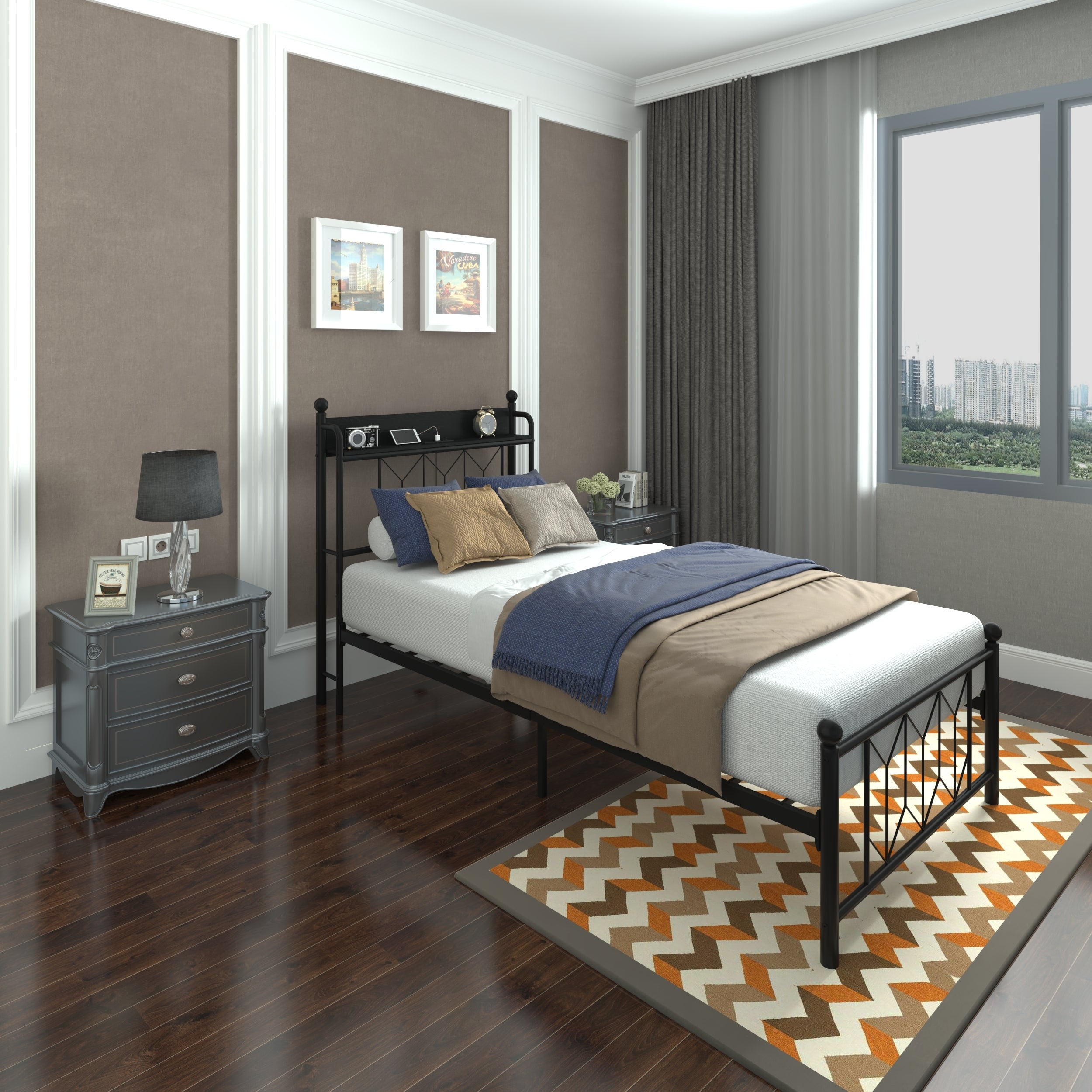Twin Bed Frame w/Headboard, Charger, LED, Quiet, No Box Spring