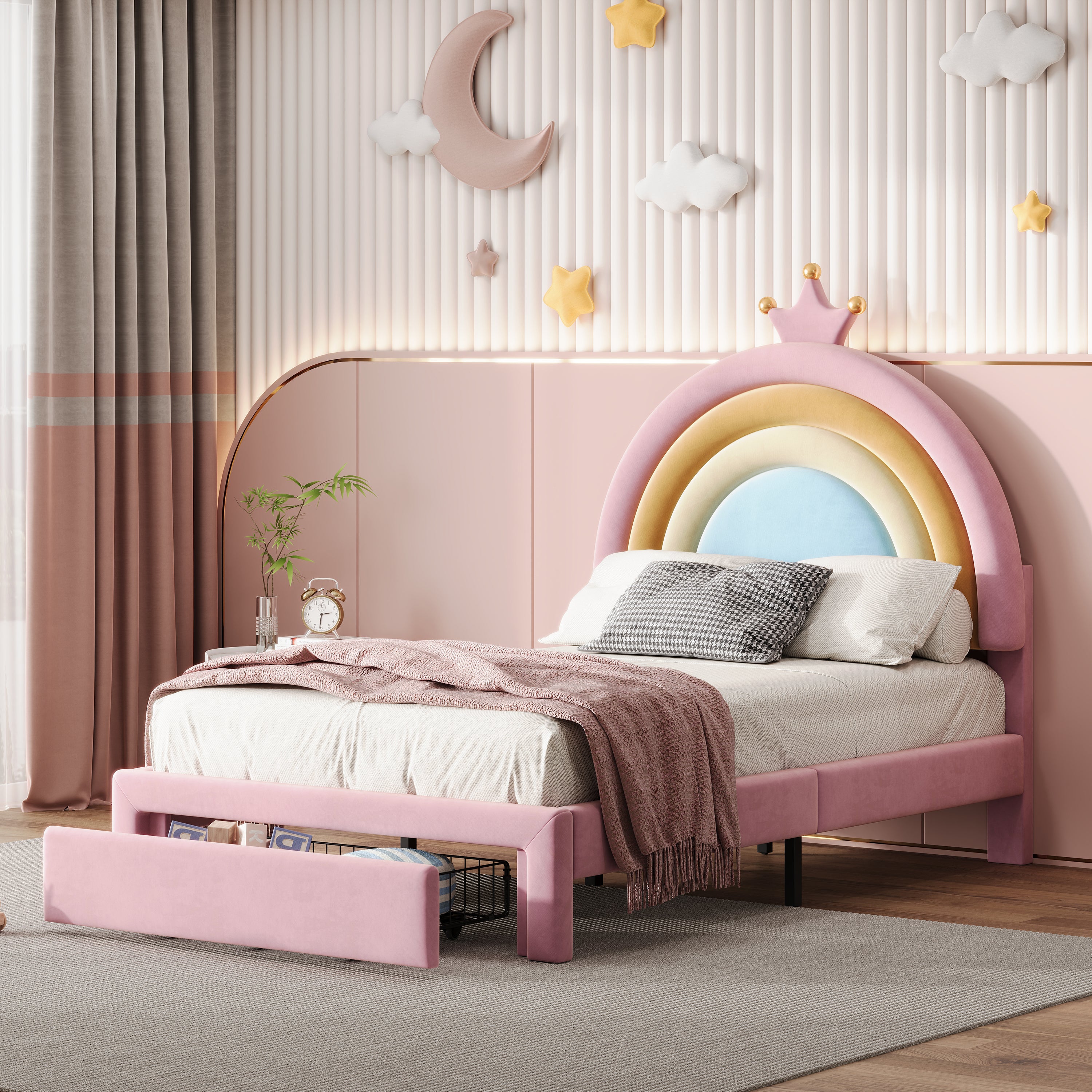Twin Rainbow Velvet Princess Platform Bed with Storage Drawer