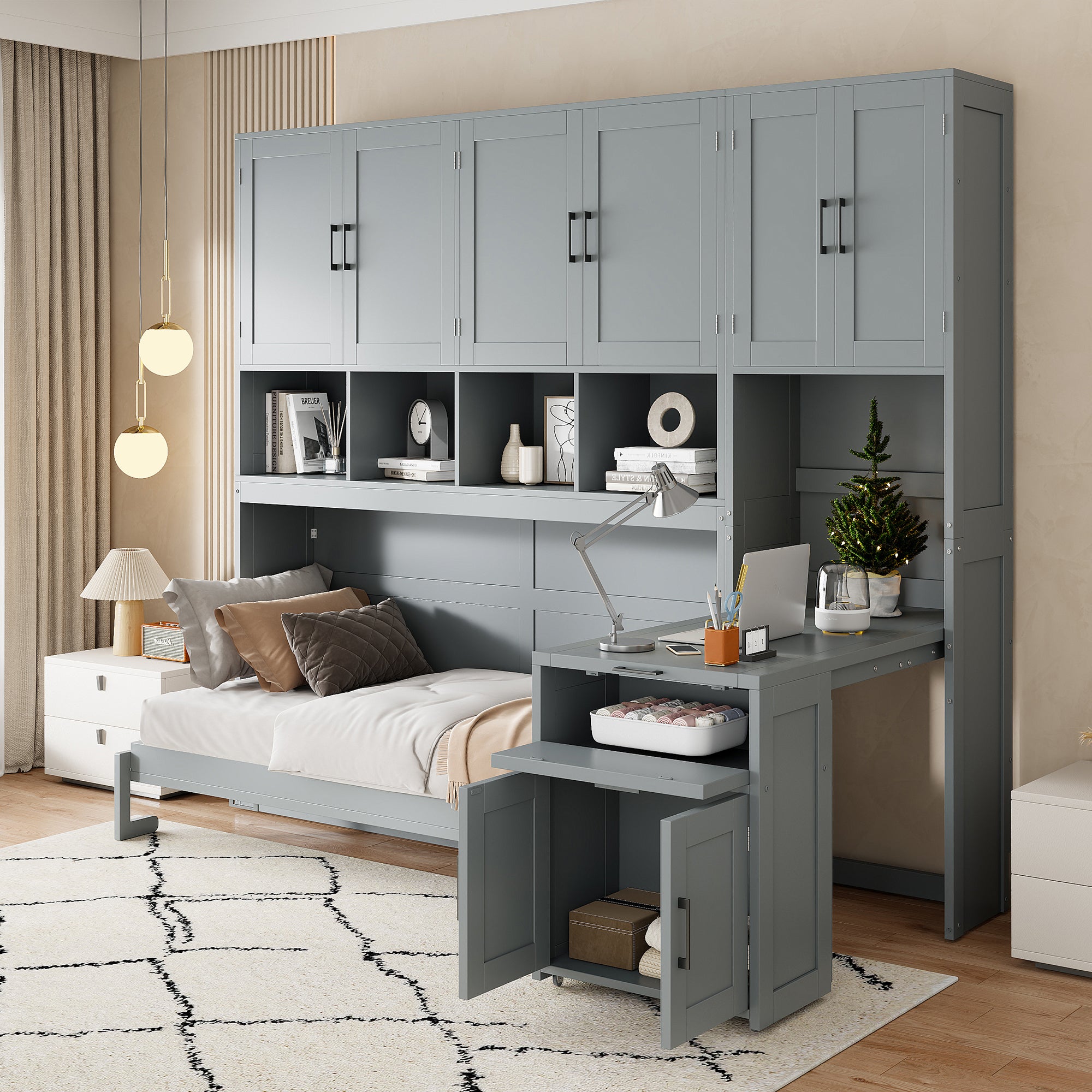 Gray Twin Murphy Wall Bed: Closet, Drawers, Desk - Compact Living