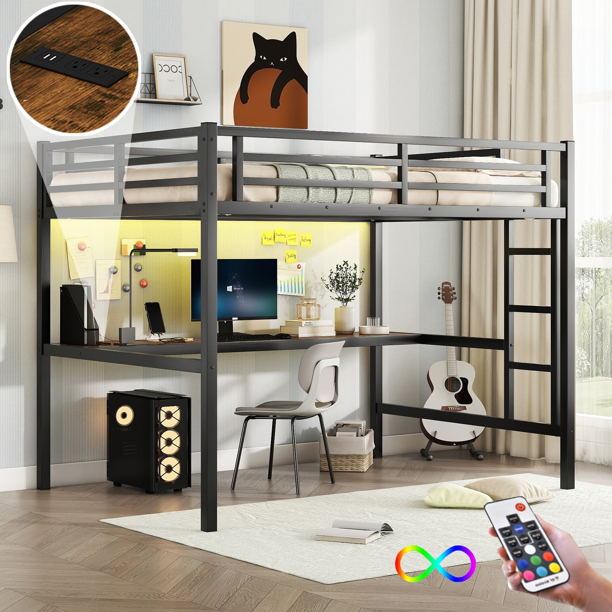 Metal Full Size Loft Bed w/Power Outlet, LED Light, Space-Saving, Quiet