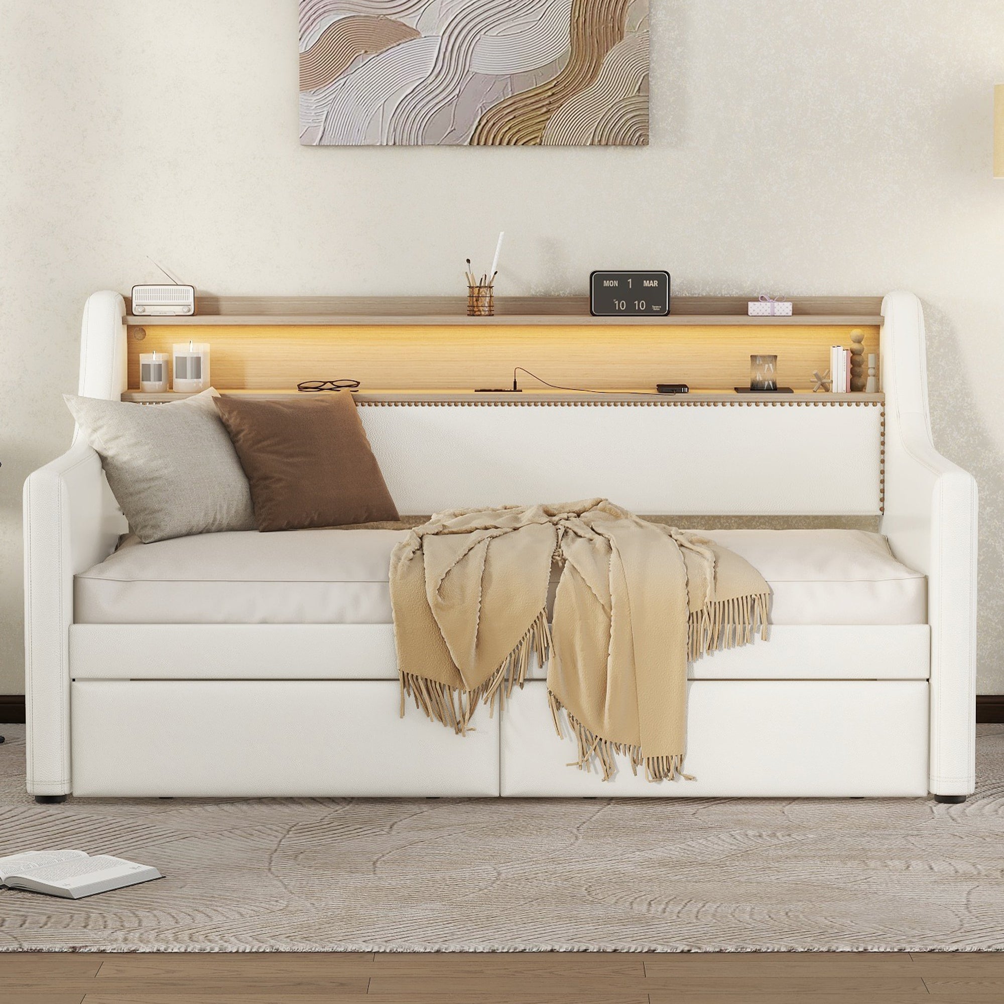 Upholstered Twin Daybed w/ Drawers, Charging Station & LED Lights, White