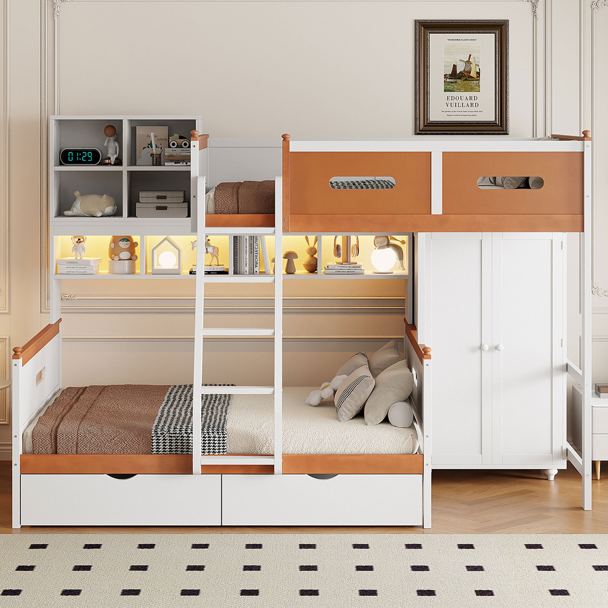 Twin Full Wood Bunk Bed with Wardrobe, Storage, LED - White/Orange