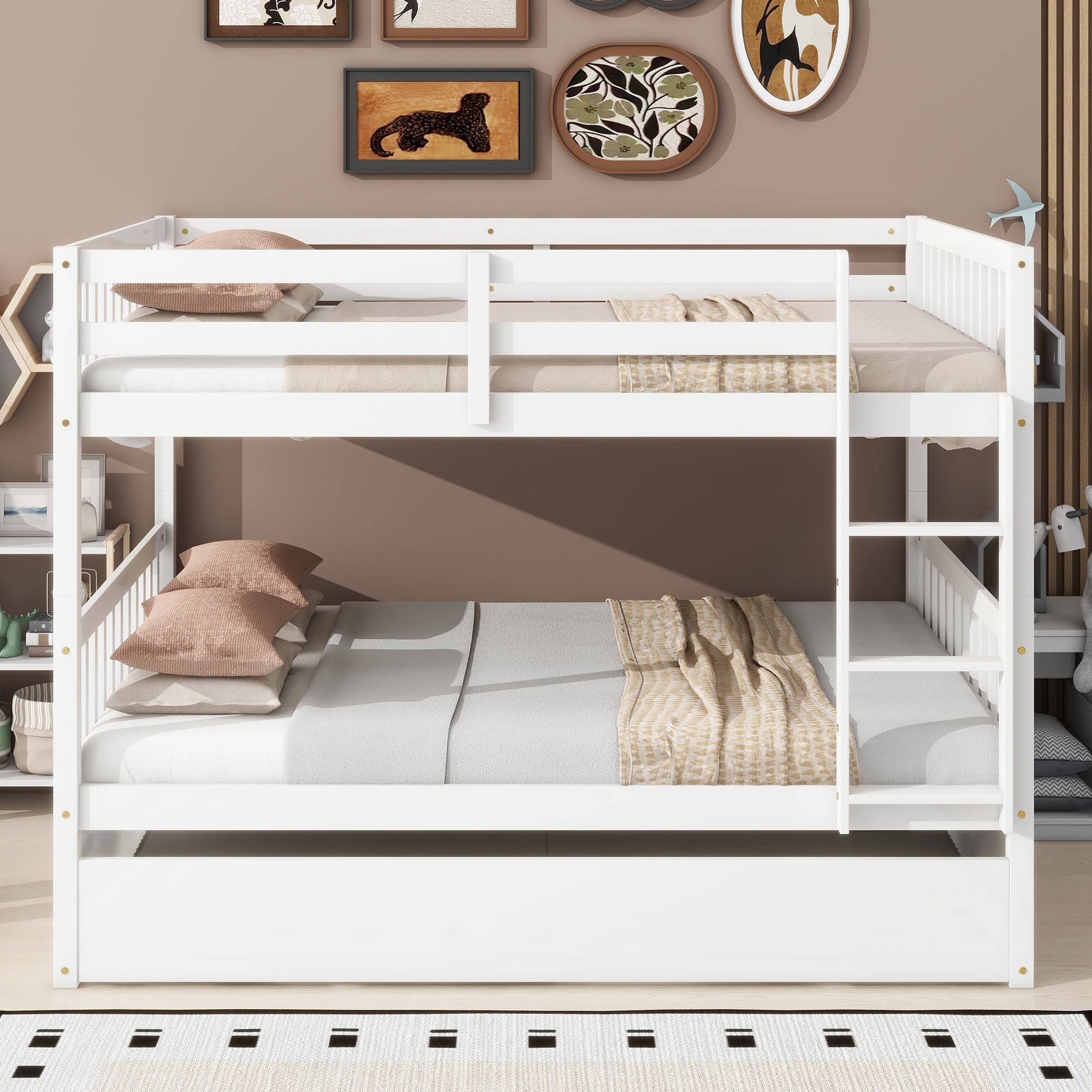 White Full Over Full Bunk Bed: Convertible, Rubber Wood, Twin Trundle