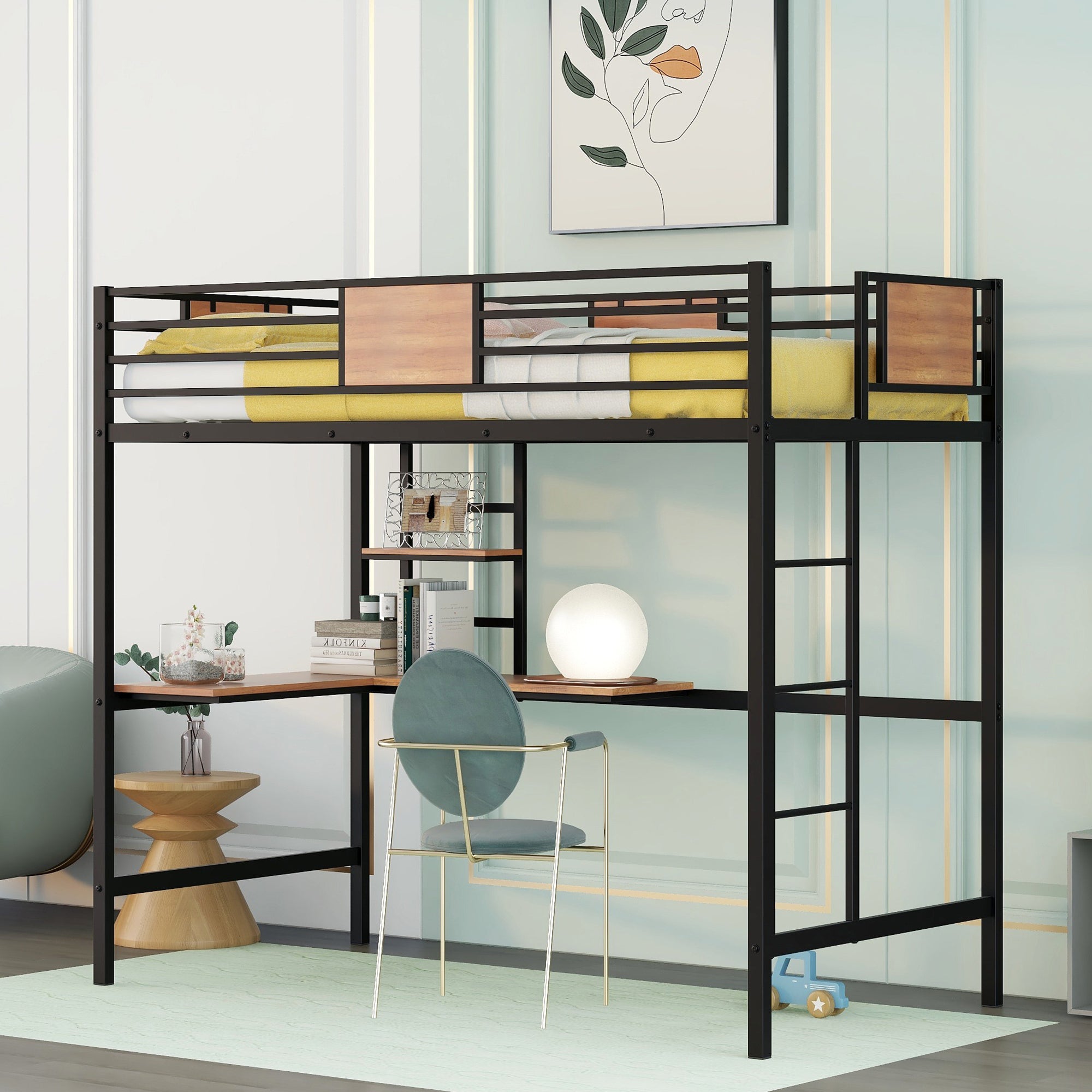 Twin Metal Loft Bed with Desk and Shelf, Black