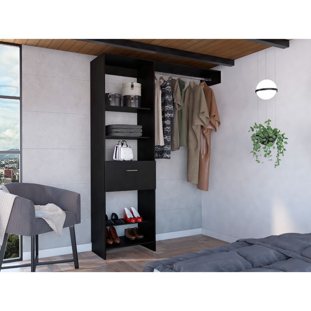 Hybrid Closet System: 5 Shelves, 1 Drawer, Metal Rod