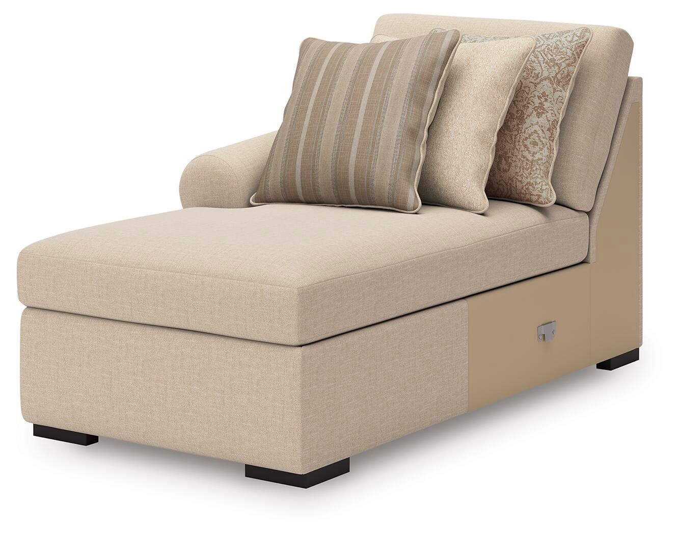 Beige left-arm corner chaise with three throw pillows and black tapered legs