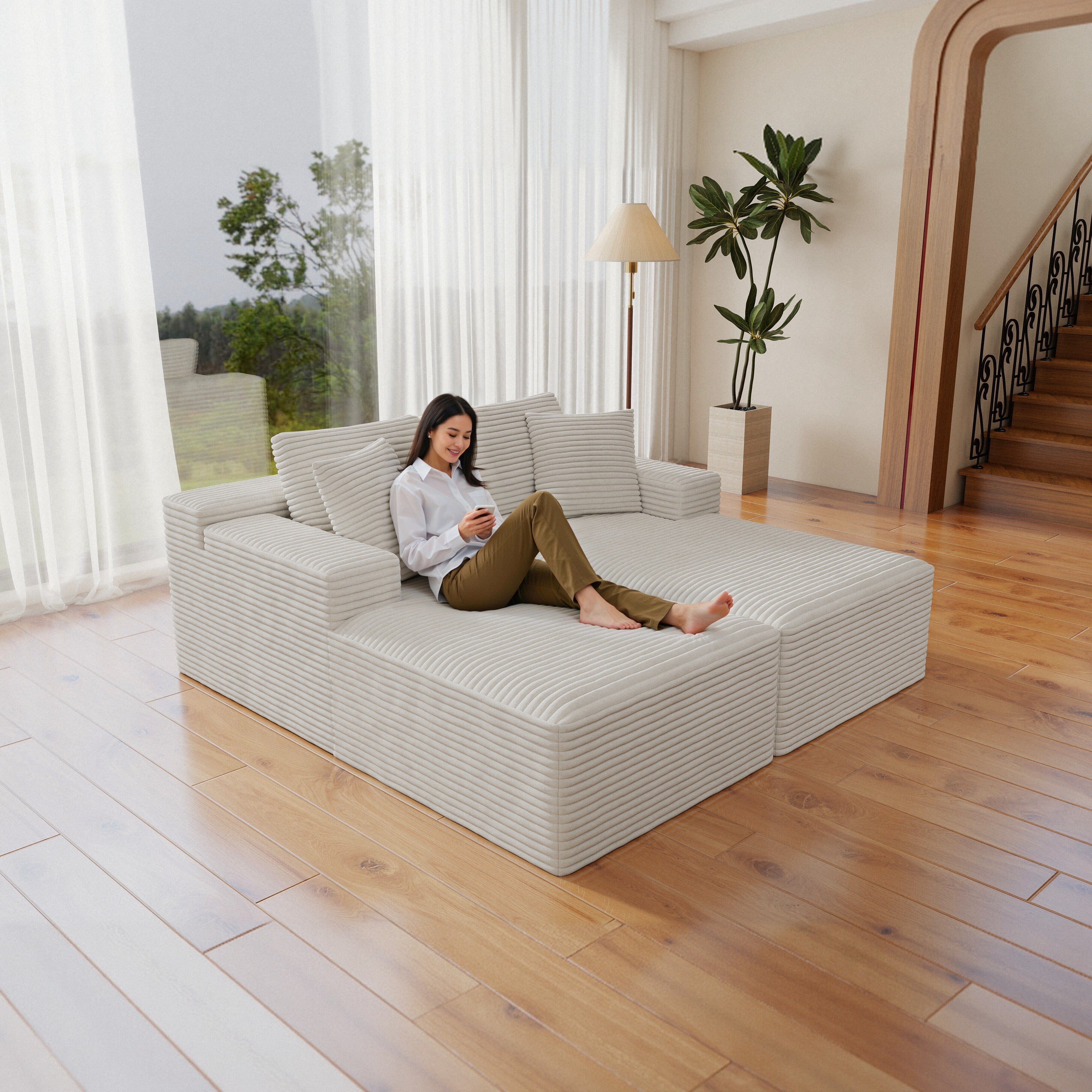 White Corduroy Modular Sectional Sofa - 2PC, No Assembly