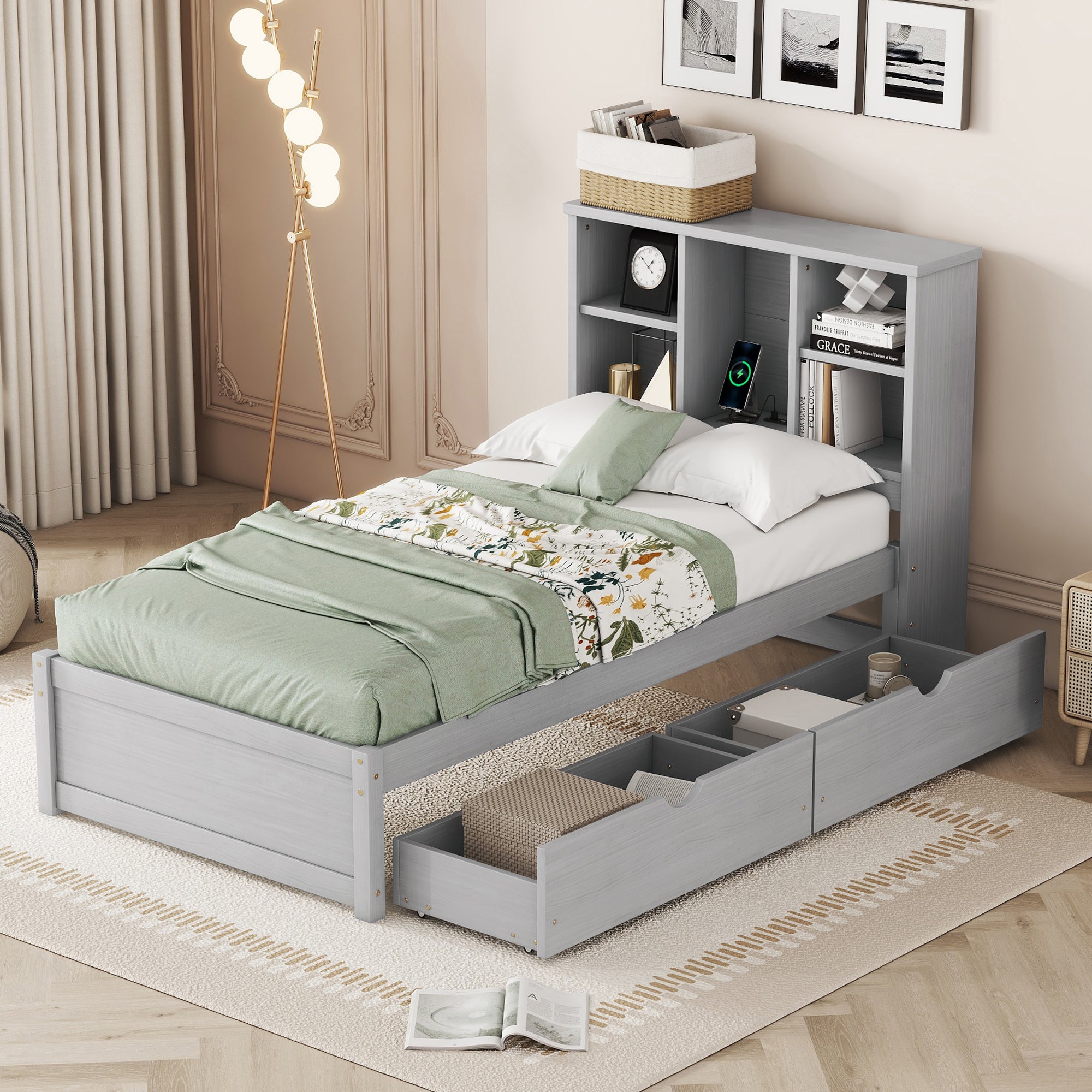 Modern Twin Bed Frame w/ USB & Drawers