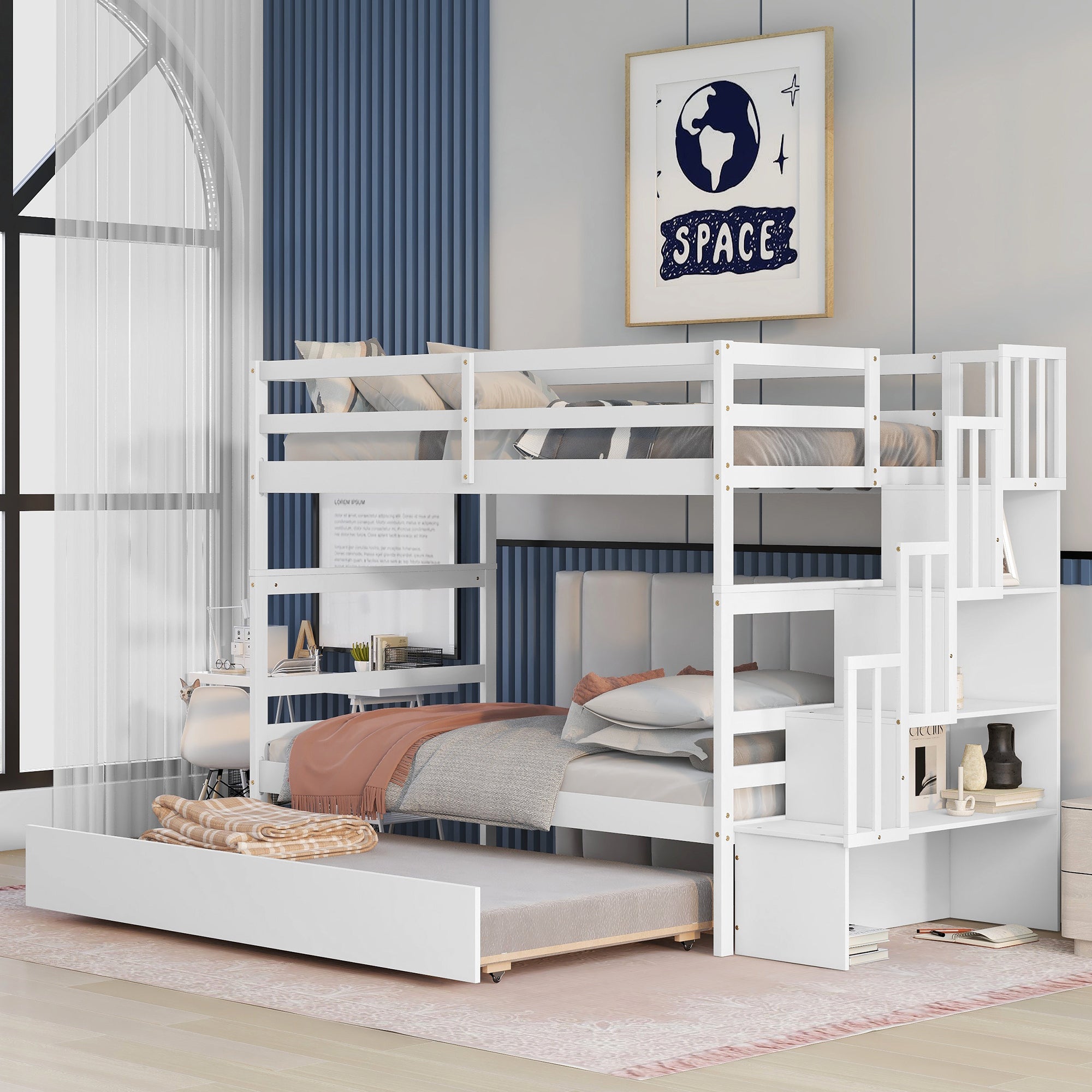 White Twin Bunk Bed w/ Trundle & Stairs