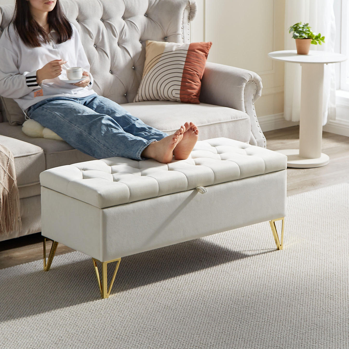 Beige Velvet Storage Bench - Entryway & Bedroom Gold Legs