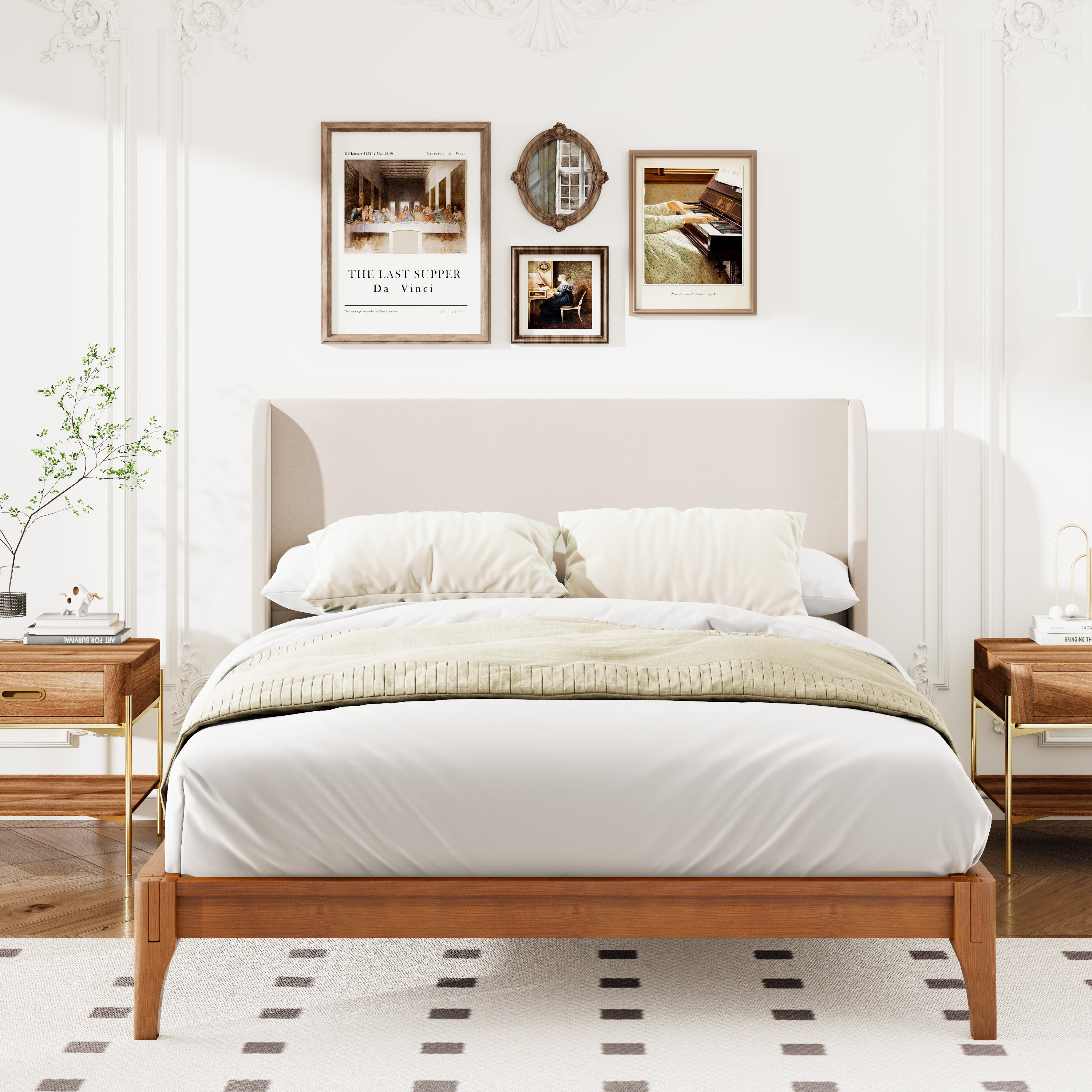 King Size Bamboo Wood 12" Platform Bed w/ Upholstered Headboard - Easy Assembly