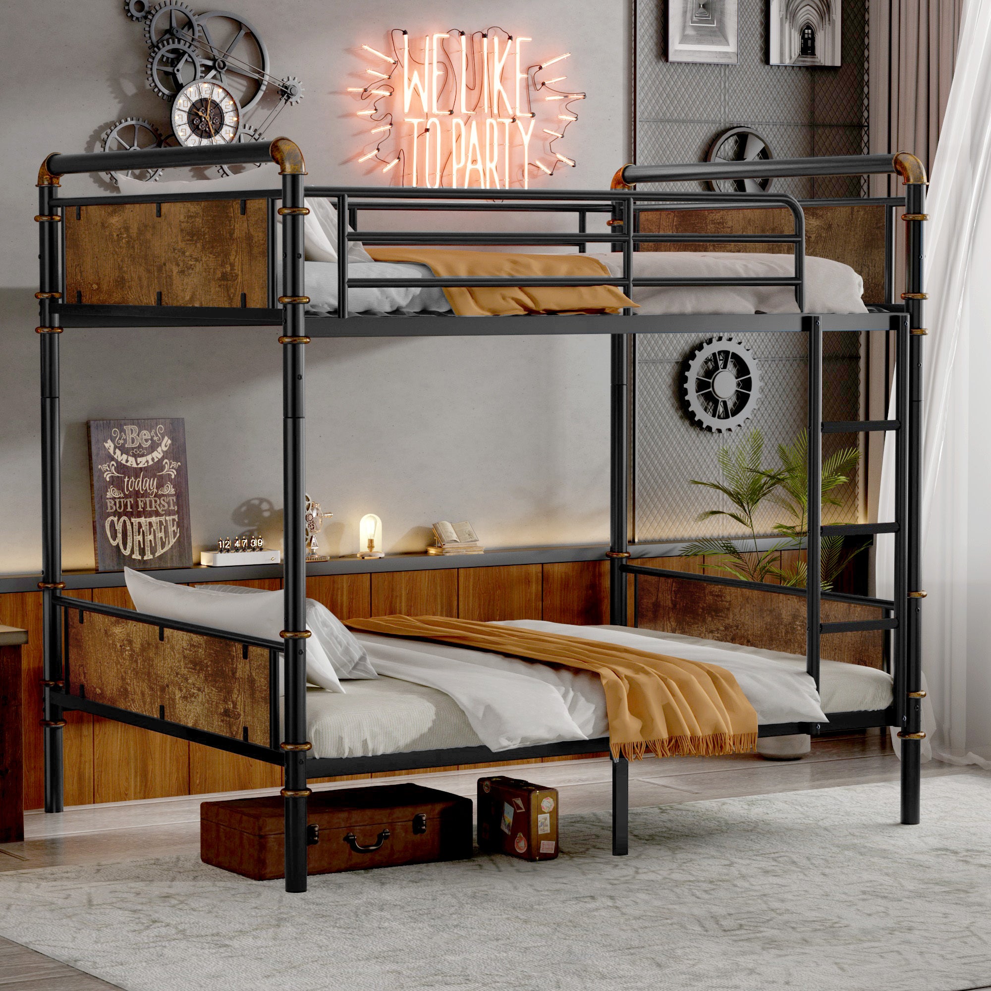 Twin XL Metal Bunk Bed: Industrial, Detachable, Safety Rails, Black