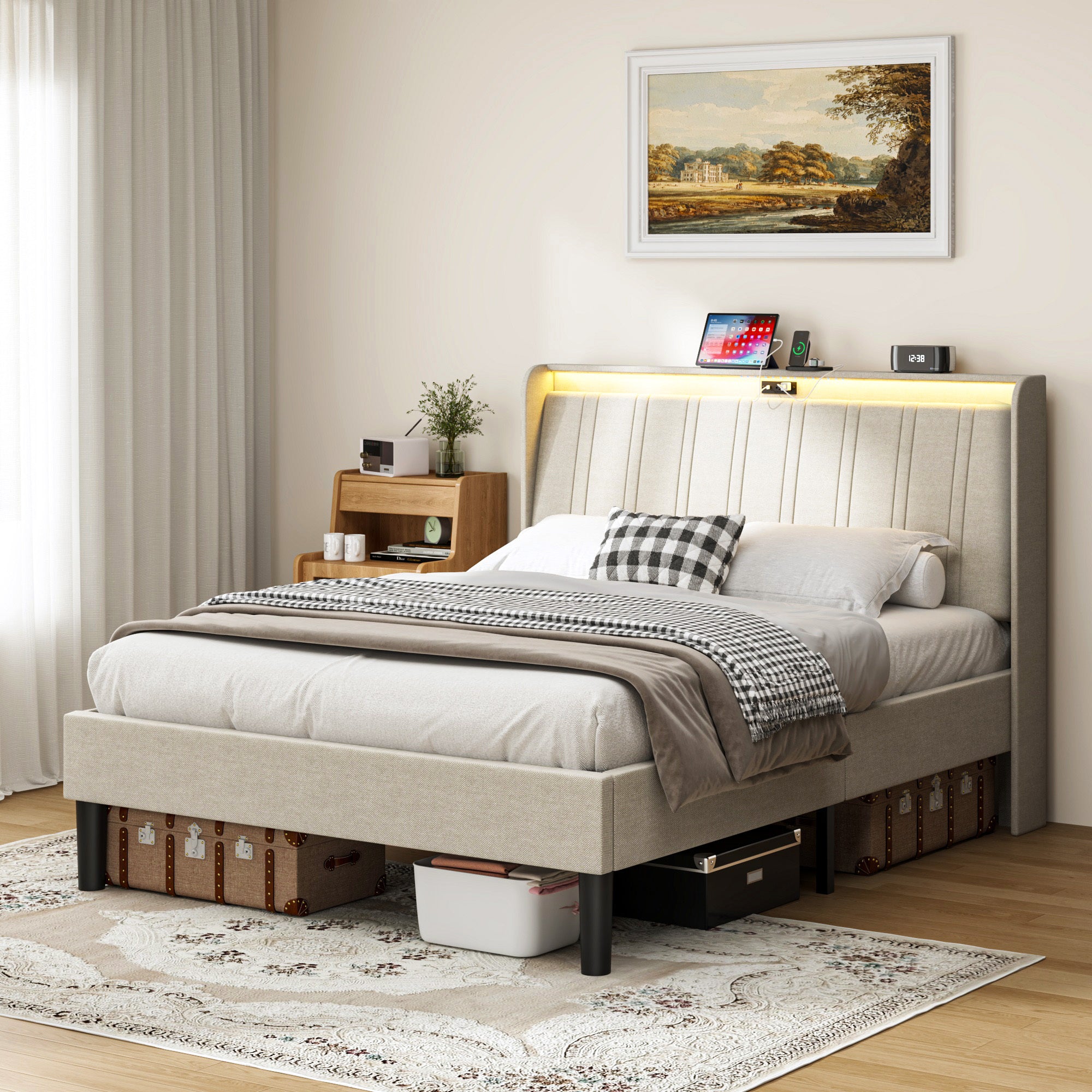 Full Size Platform Bed Frame with Upholstered Headboard & Wood Slats