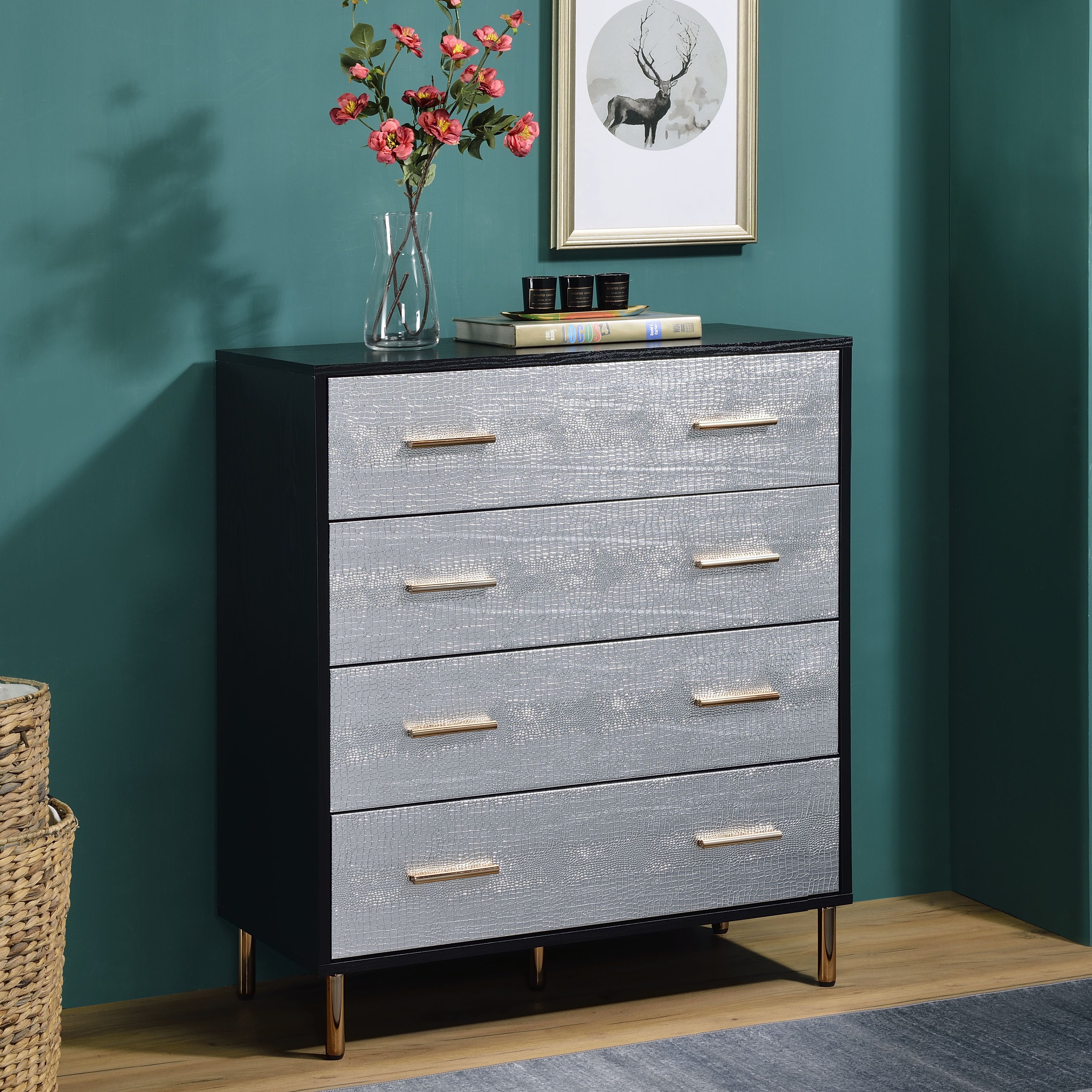 Black Silver 4-Drawer Chest Dresser Modern Storage