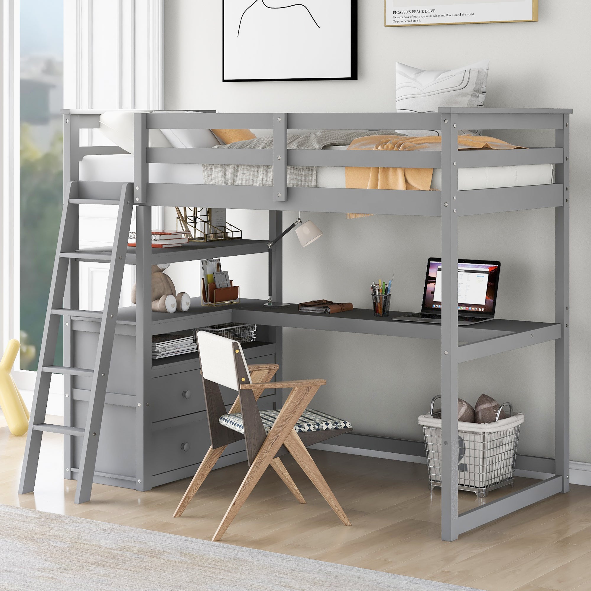 Gray Twin Loft Bed with Desk, Shelves & Drawers