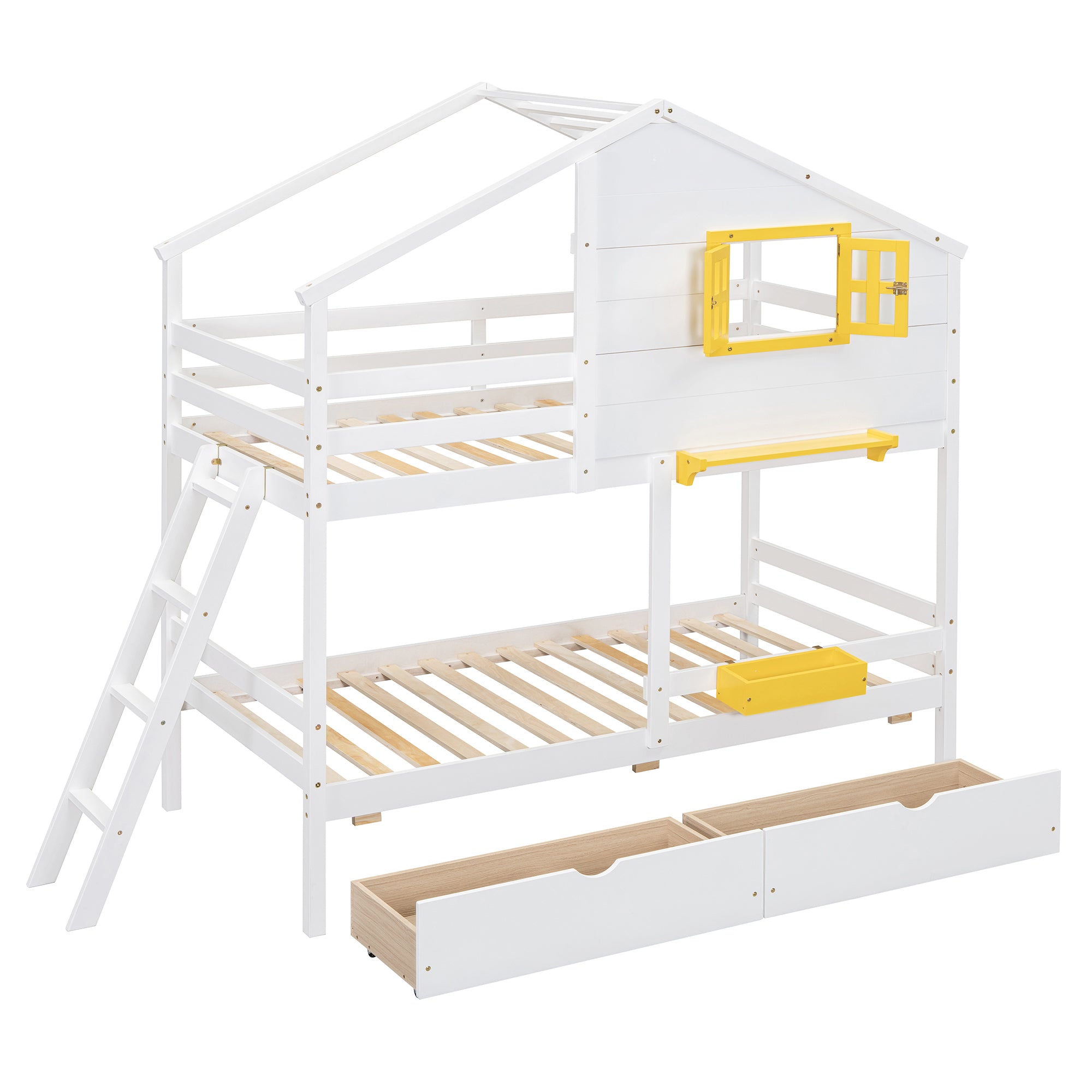 Twin Over Twin Bunk Bed with Playhouse Roof & Window - White Solid Wood