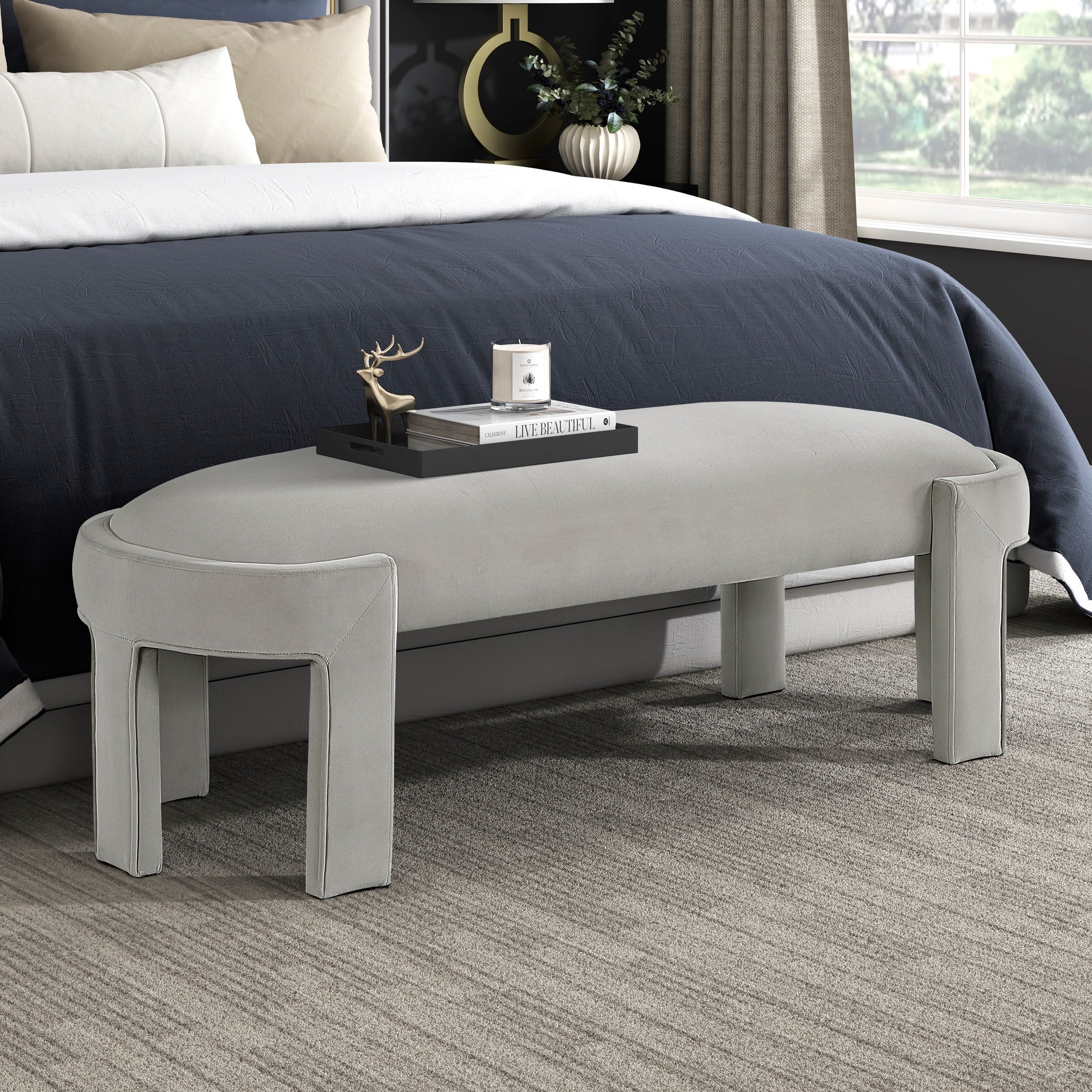 Stylish Taupe Velvet Upholstered Bench - Luxurious Comfort