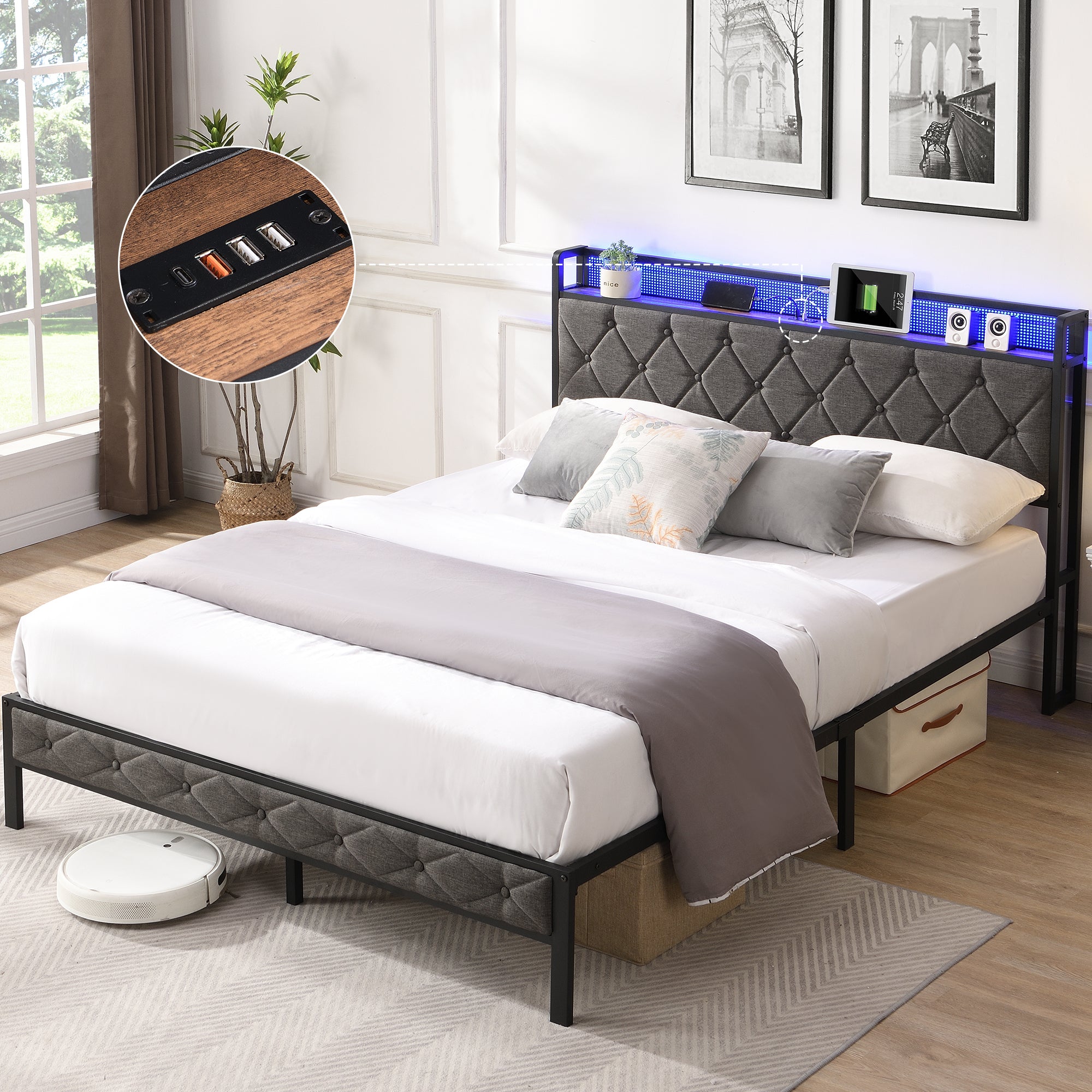 Queen Upholstered Platform Bed Frame with Storage, LED & Charging